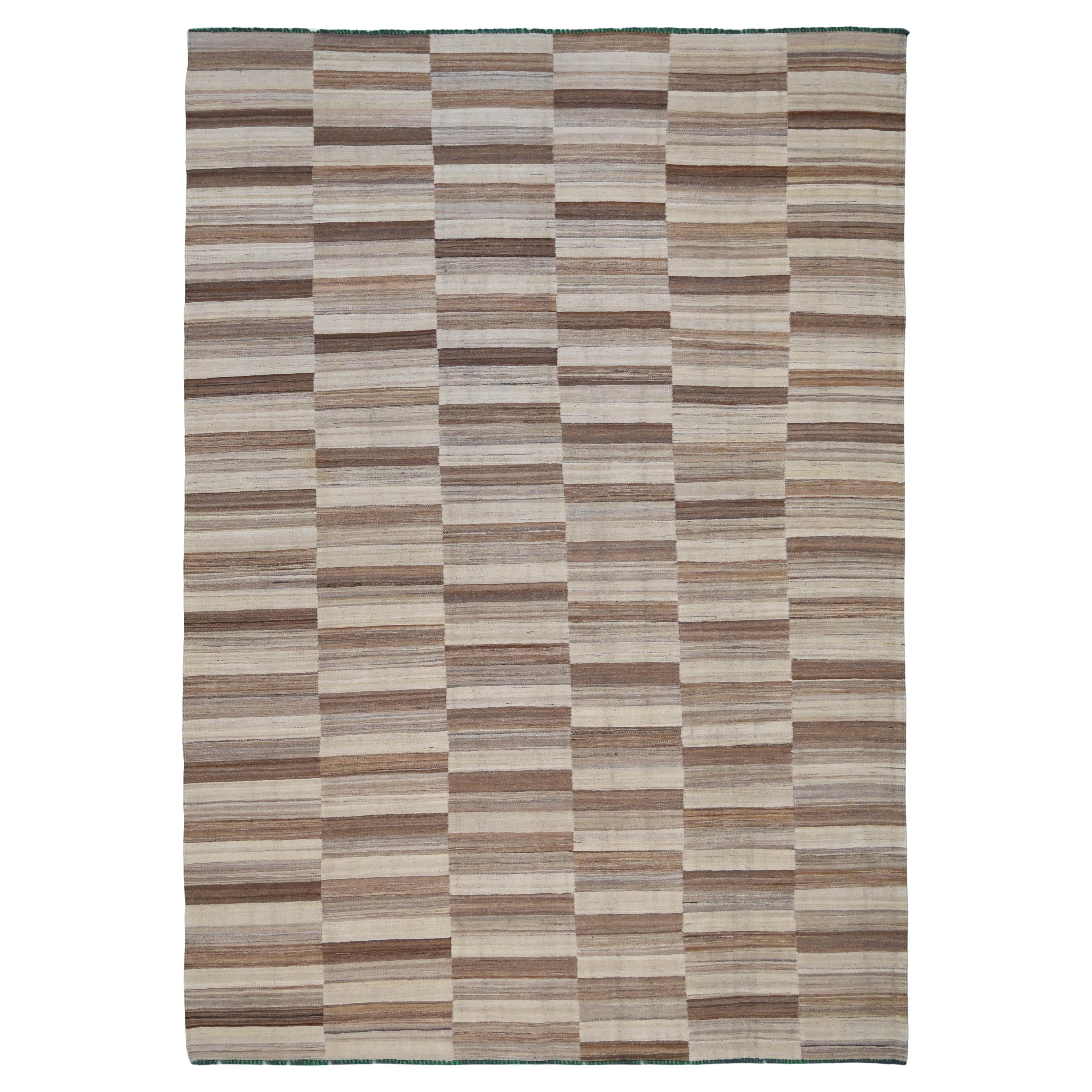 Modern Natural Browns Striped Checkerboard Kilim 8'9''x12'2'' For Sale