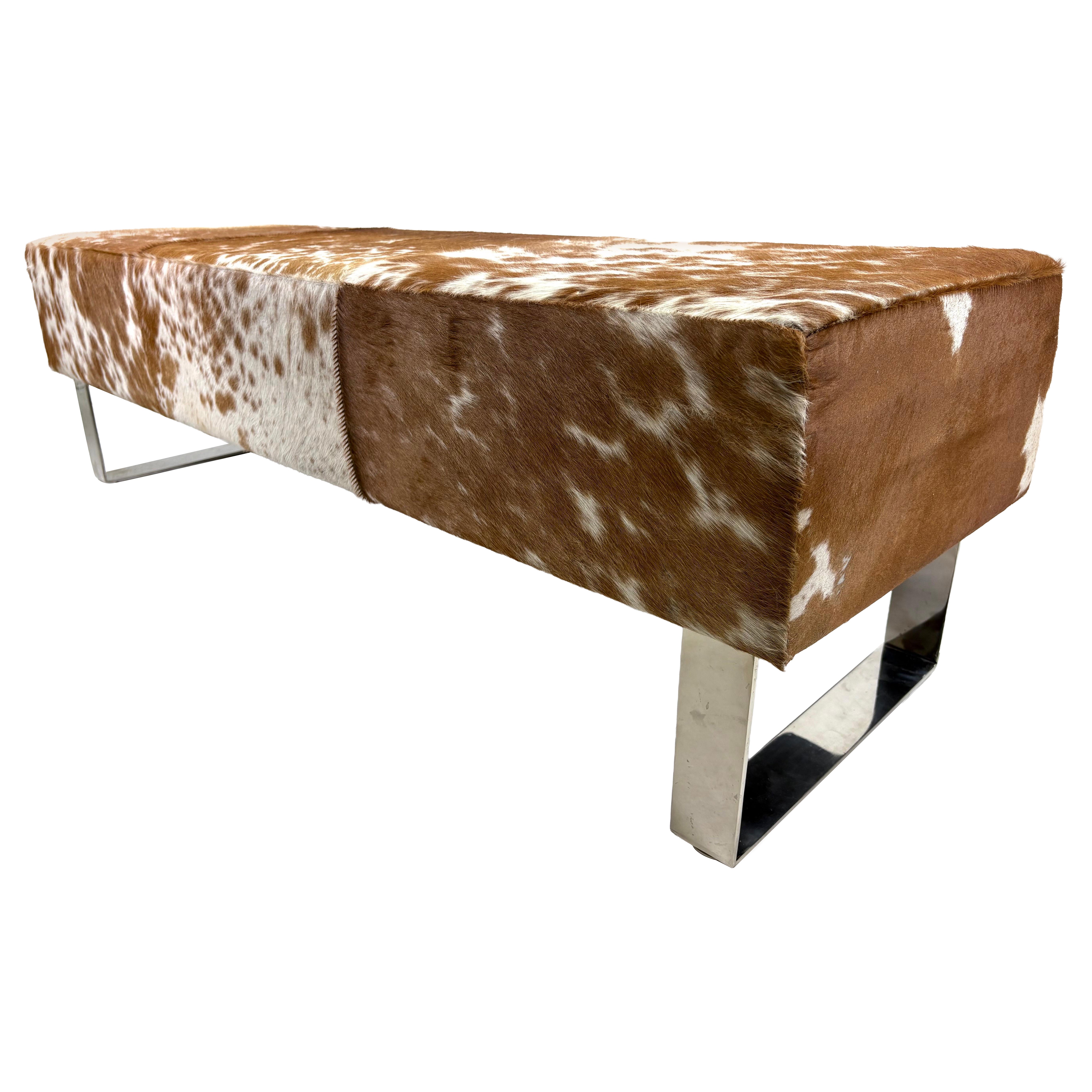 Modern natural cowhide upholstered bench For Sale