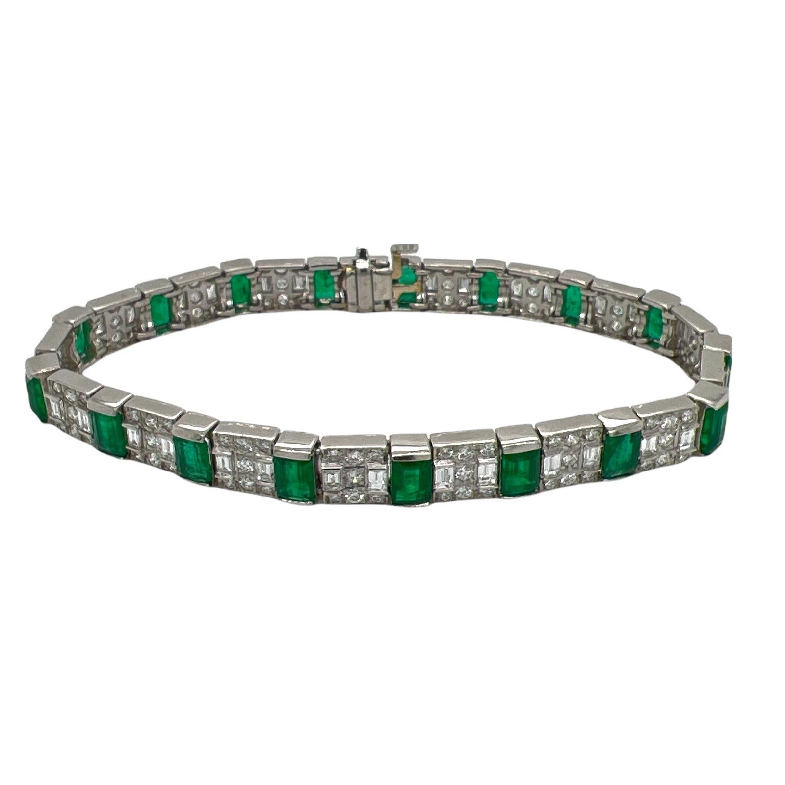 Women's  Natural Emerald Diamond Platinum Link Bracelet Modern 