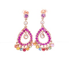 Boucles d'oreilles chandelier modernes en or rose 14K avec saphir et pierres naturelles