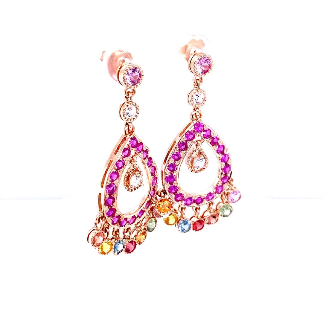 Round Cut Modern Natural Gemstone Sapphire 14K Rose Gold Chandelier Earrings For Sale