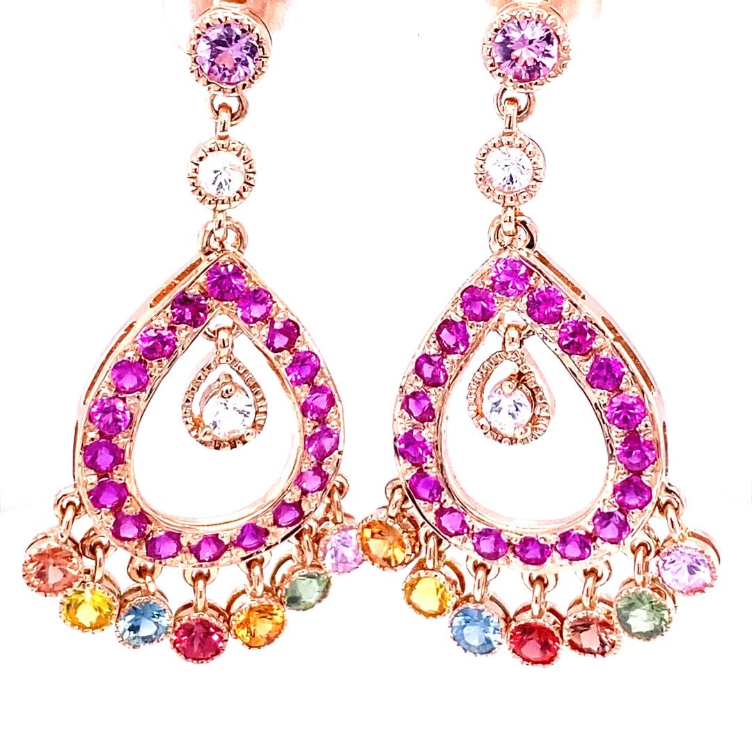 Modern Natural Gemstone Sapphire 14K Rose Gold Chandelier Earrings For Sale 1