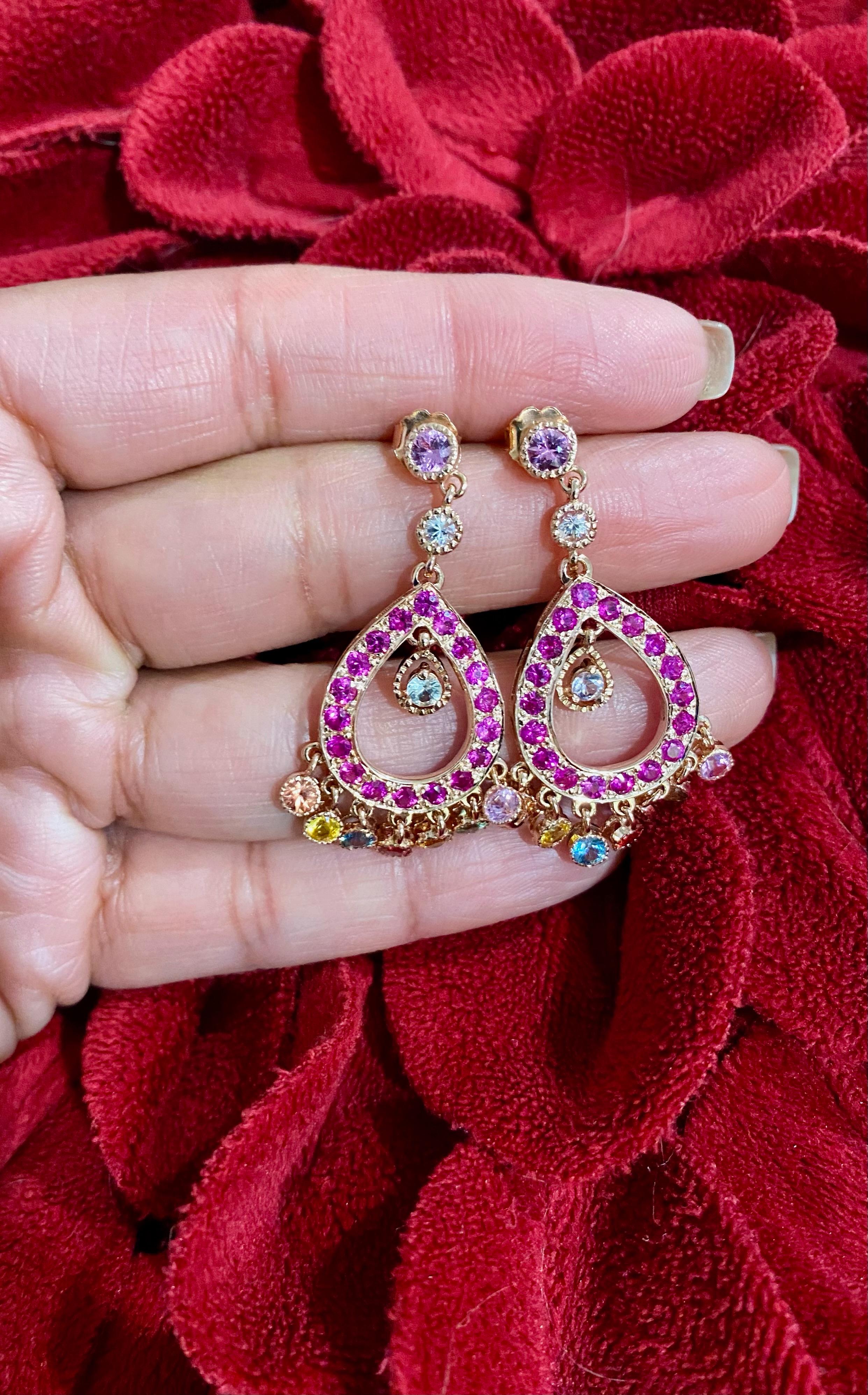 Modern Natural Gemstone Sapphire 14K Rose Gold Chandelier Earrings For Sale 2
