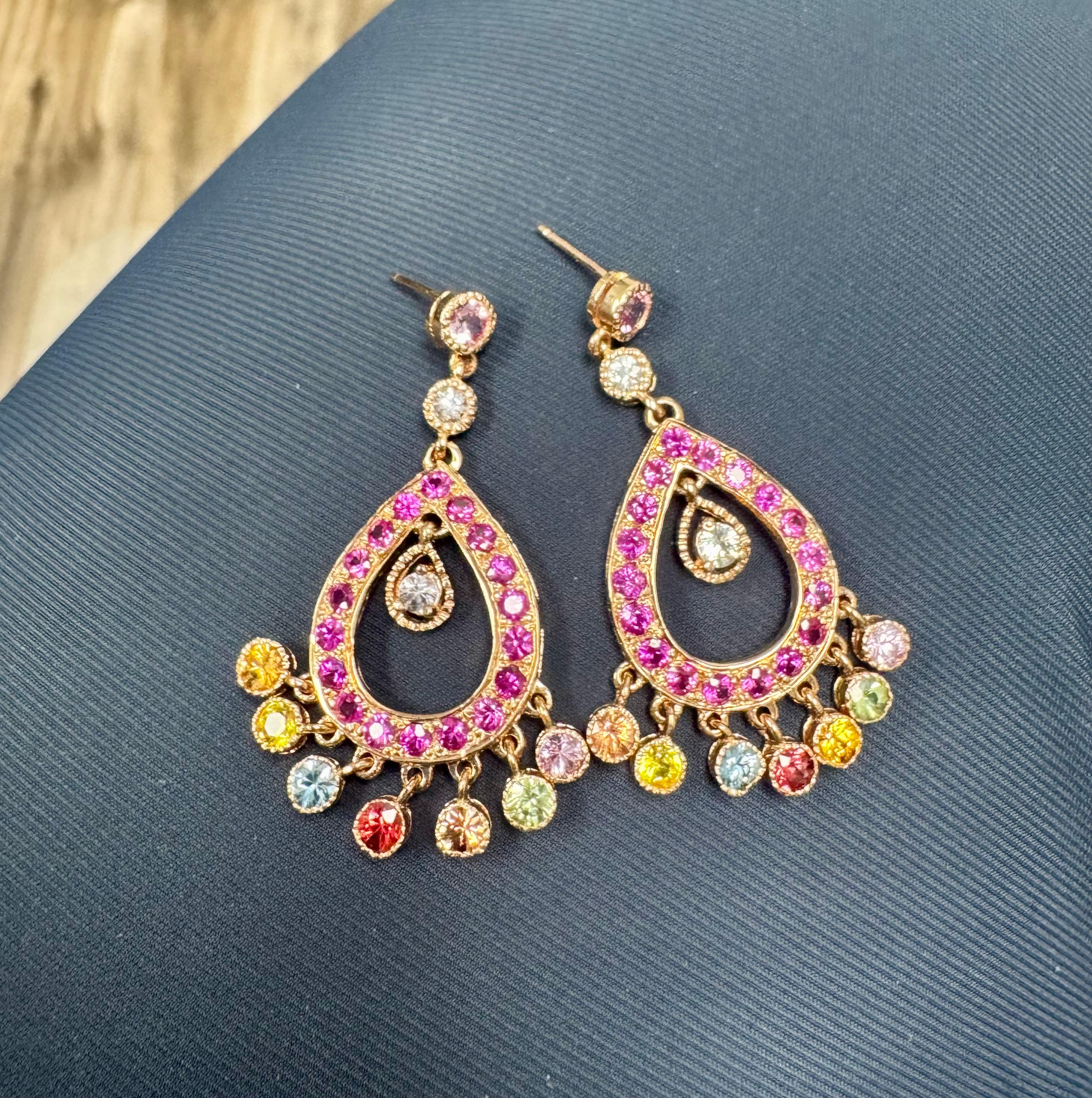 Modern Natural Gemstone Sapphire 14K Rose Gold Chandelier Earrings For Sale 3