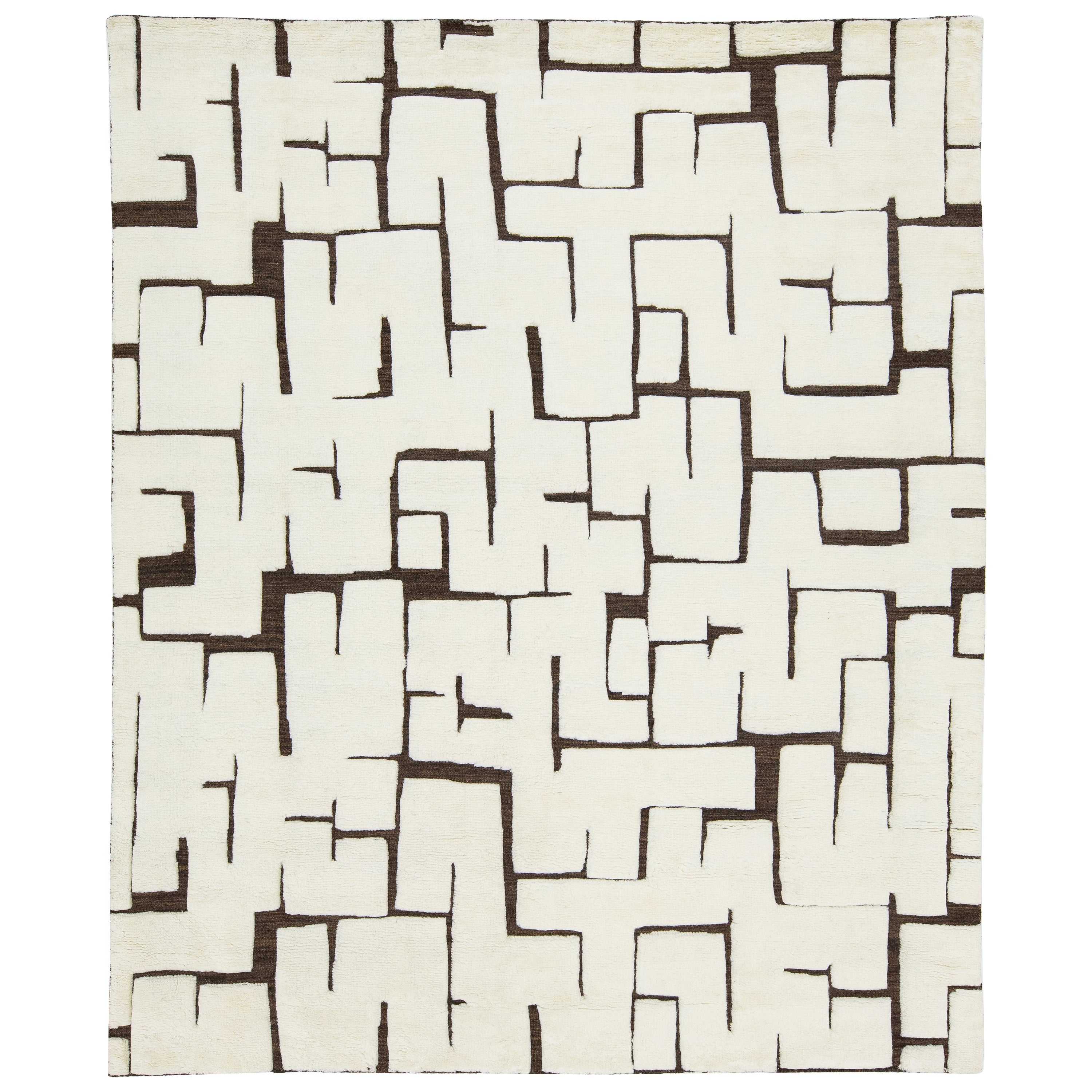 Tappeto moderno in lana naturale in stile marocchino con design astratto avorio e marrone in vendita