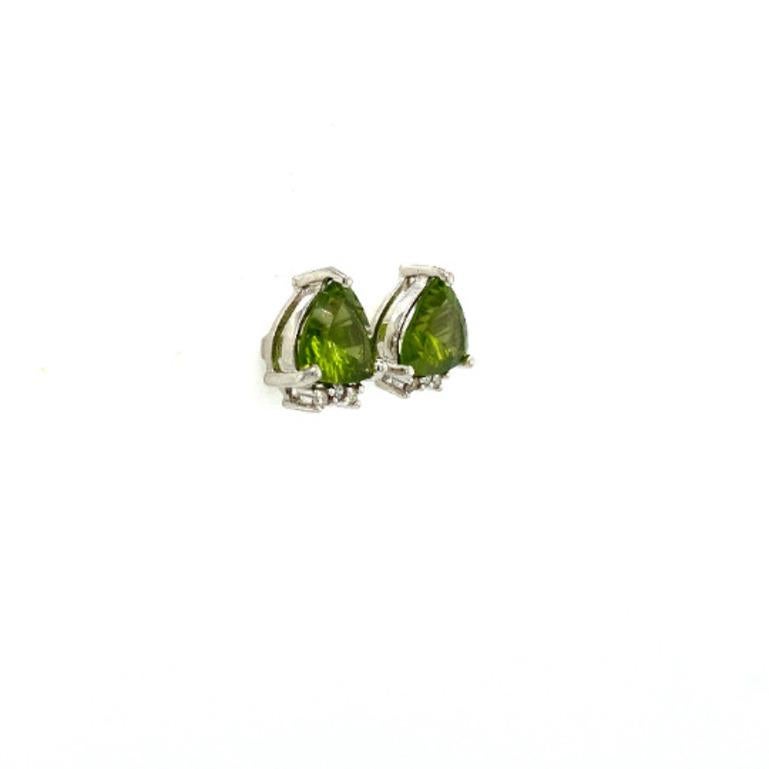 Art Deco Dainty Trillion Peridot Diamond Stud Earrings Crafted in Sterling Silver For Sale
