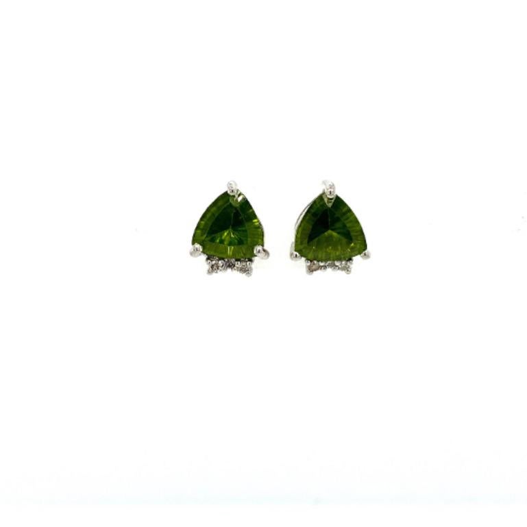 Trillion Cut Dainty Trillion Peridot Diamond Stud Earrings Crafted in Sterling Silver For Sale