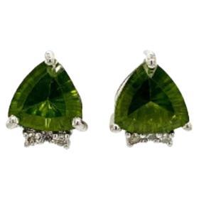 Dainty Trillion Peridot Diamond Stud Earrings Crafted in Sterling Silver For Sale