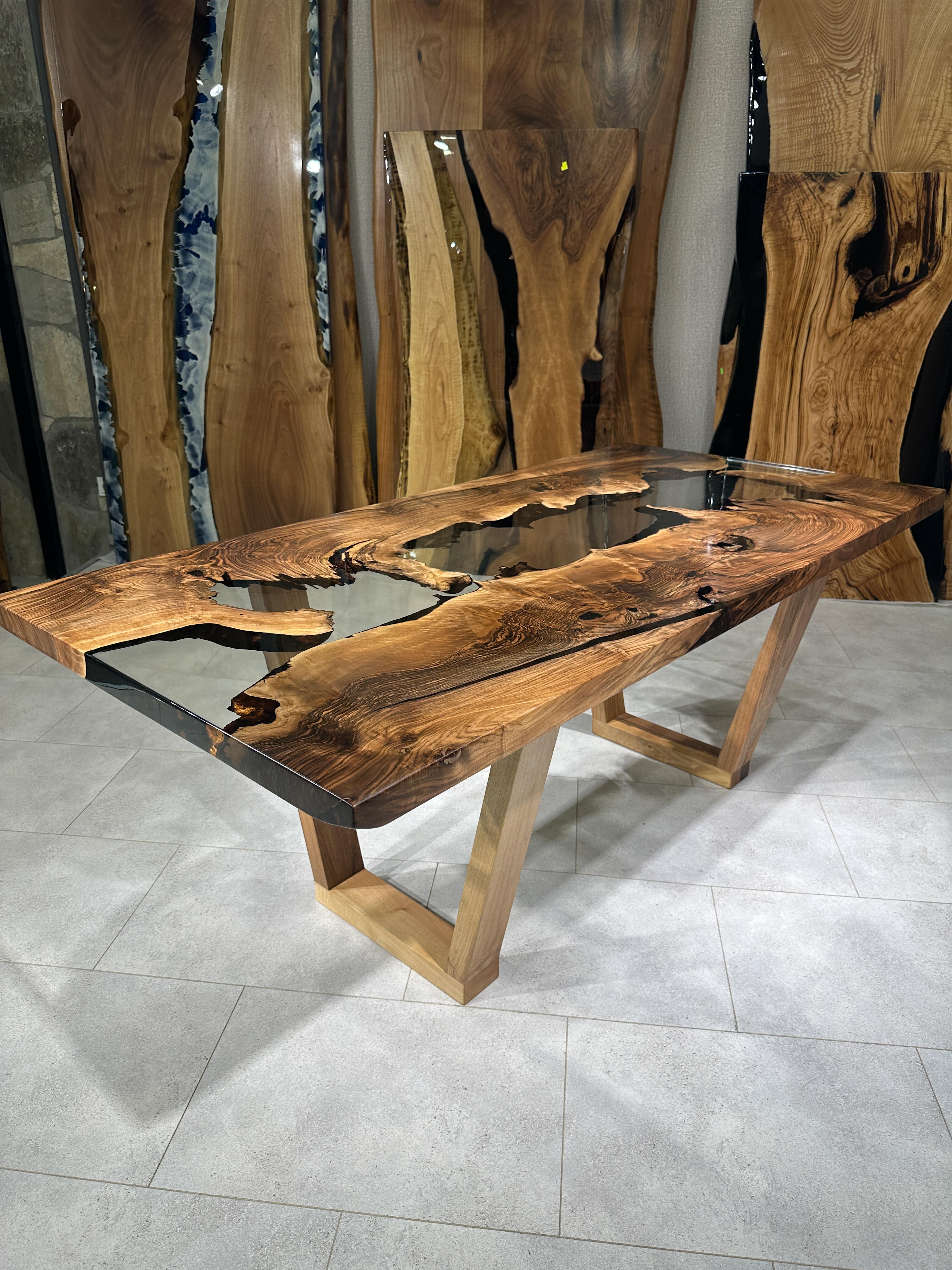 Contemporary Modern Natural River Walnut Wood Kitchen Table For Sale