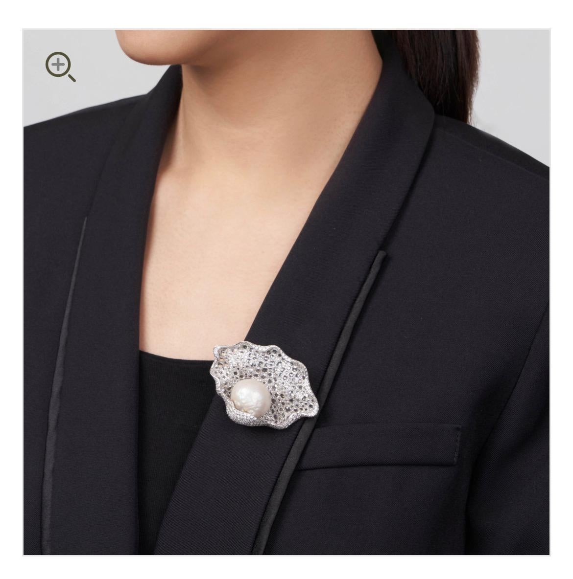 Rose Cut Modern Natural SaltWater Pearl Broach Certified By SSEF For Sale