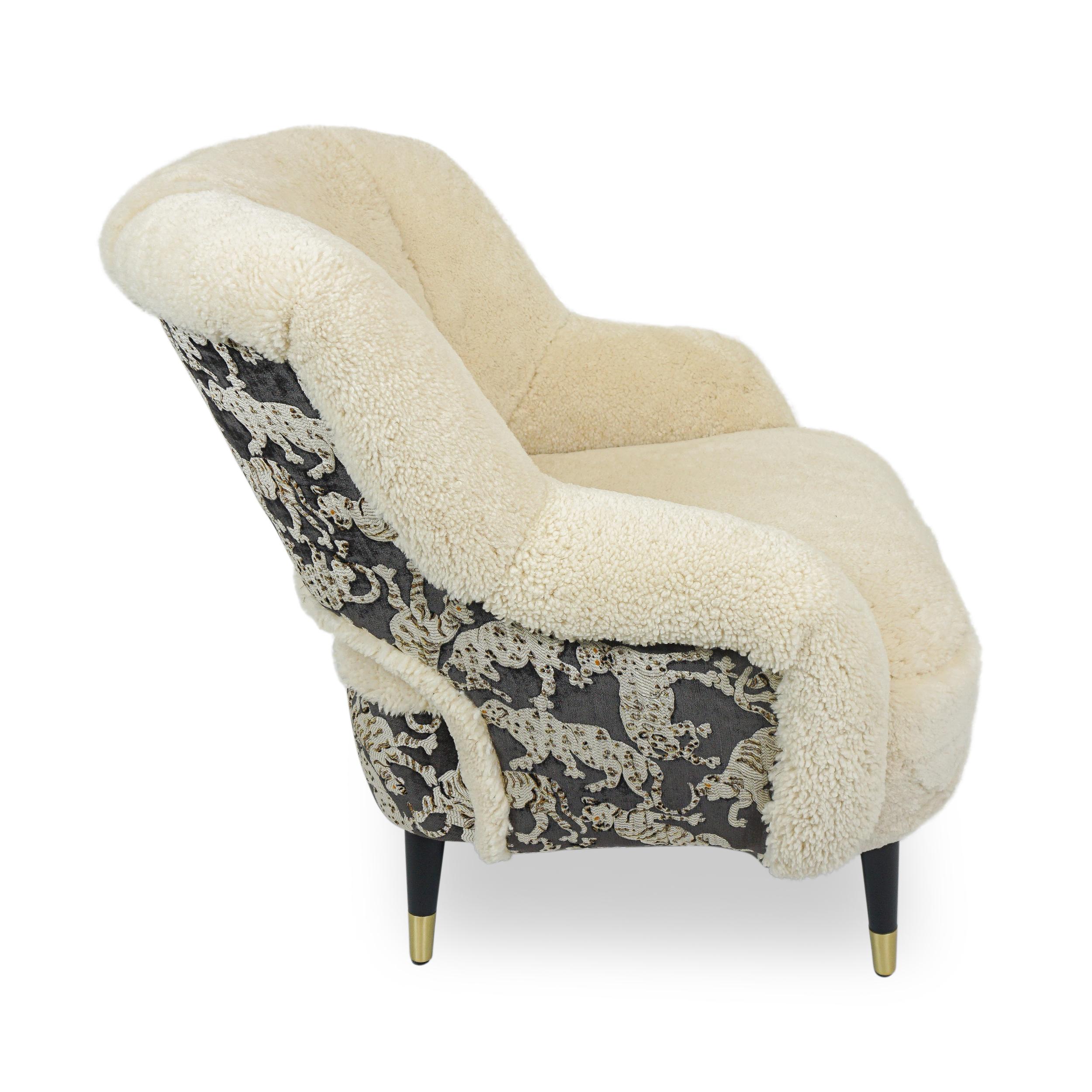 Contemporary Modern Natural Shearling and Quilted Big Cat Print Club Chair with Wooden Legs For Sale