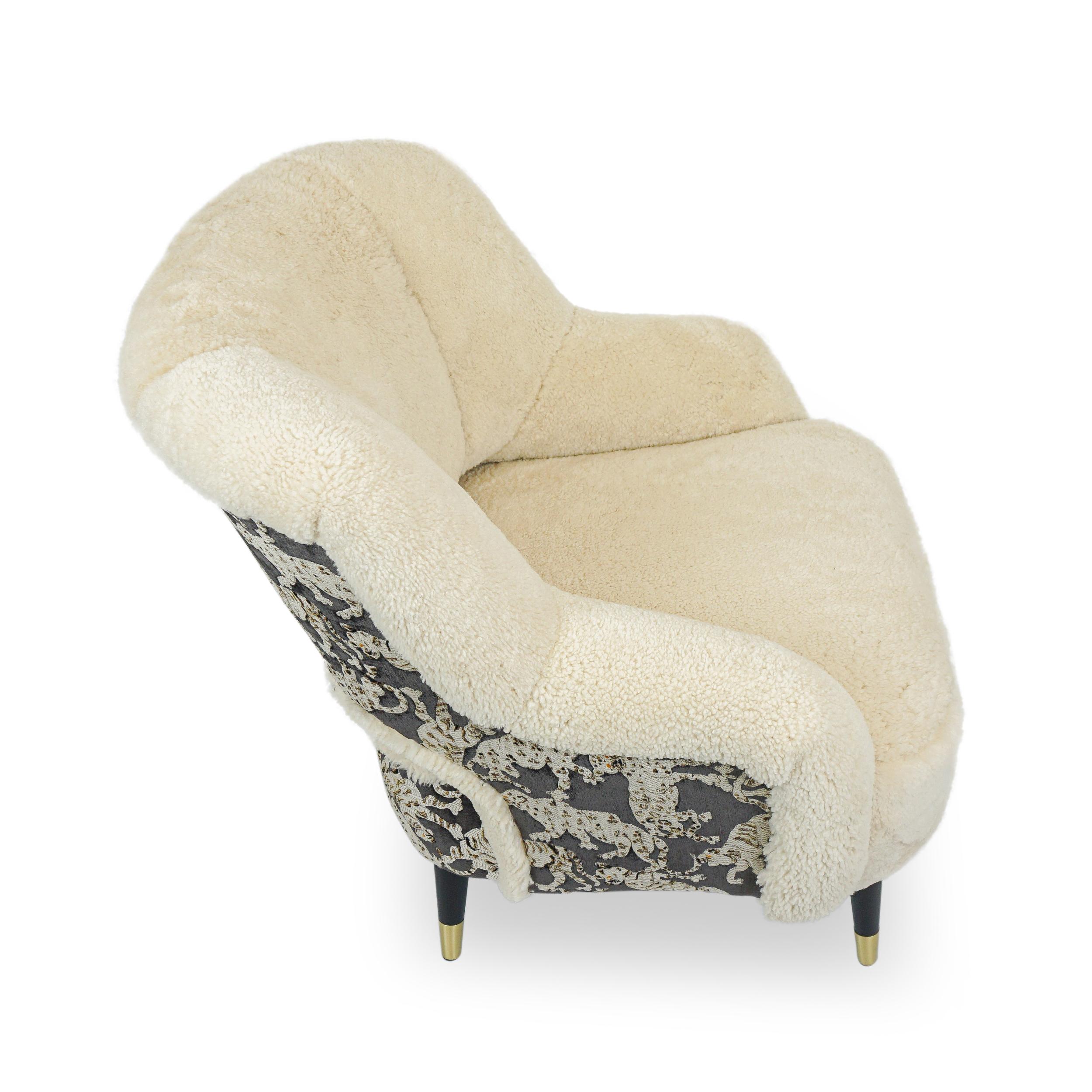 Brass Modern Natural Shearling and Quilted Big Cat Print Club Chair with Wooden Legs For Sale