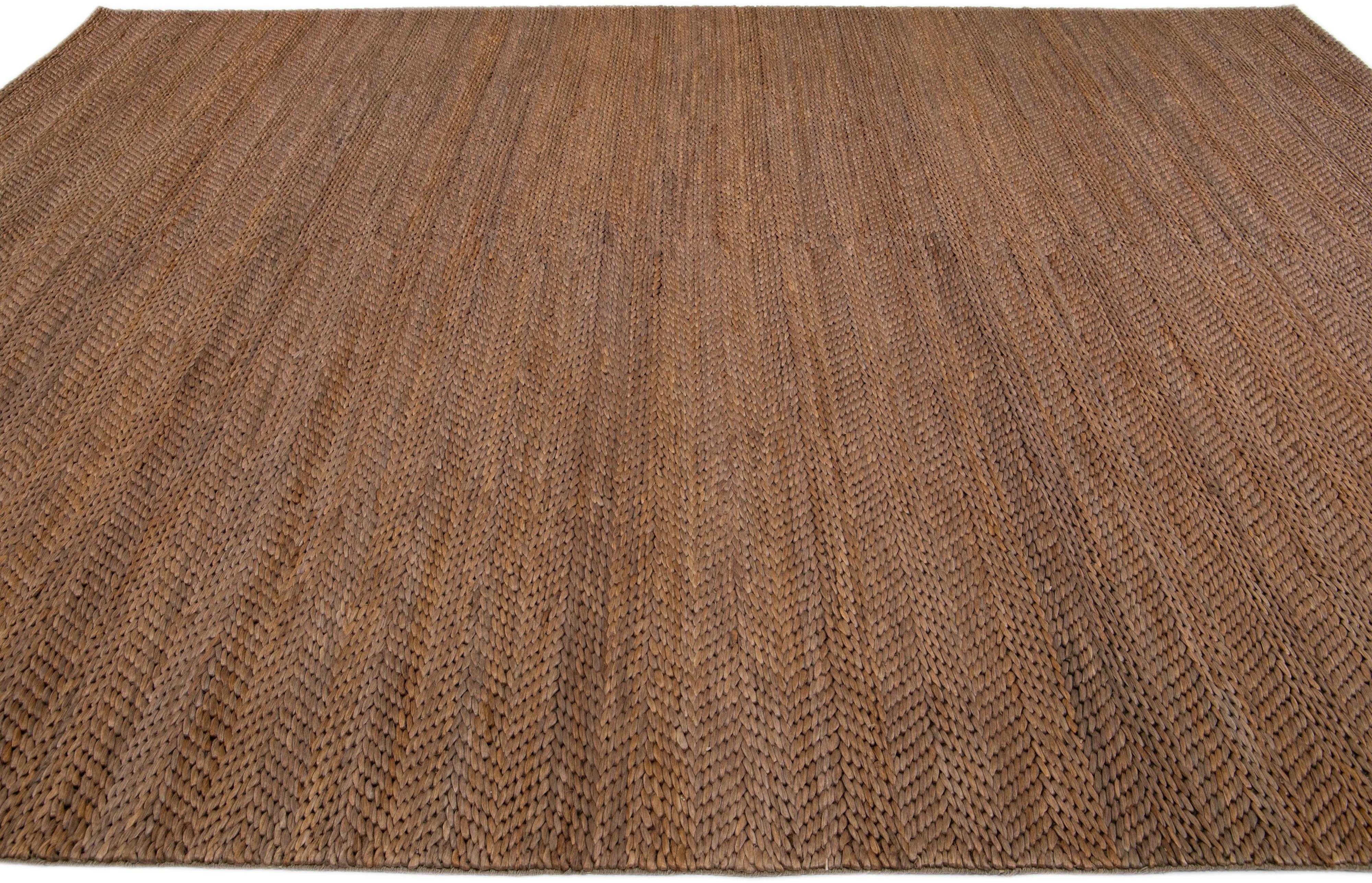 Indian Modern Natural Texture Hand Woven Brown Jute & Cotton Area Rug For Sale