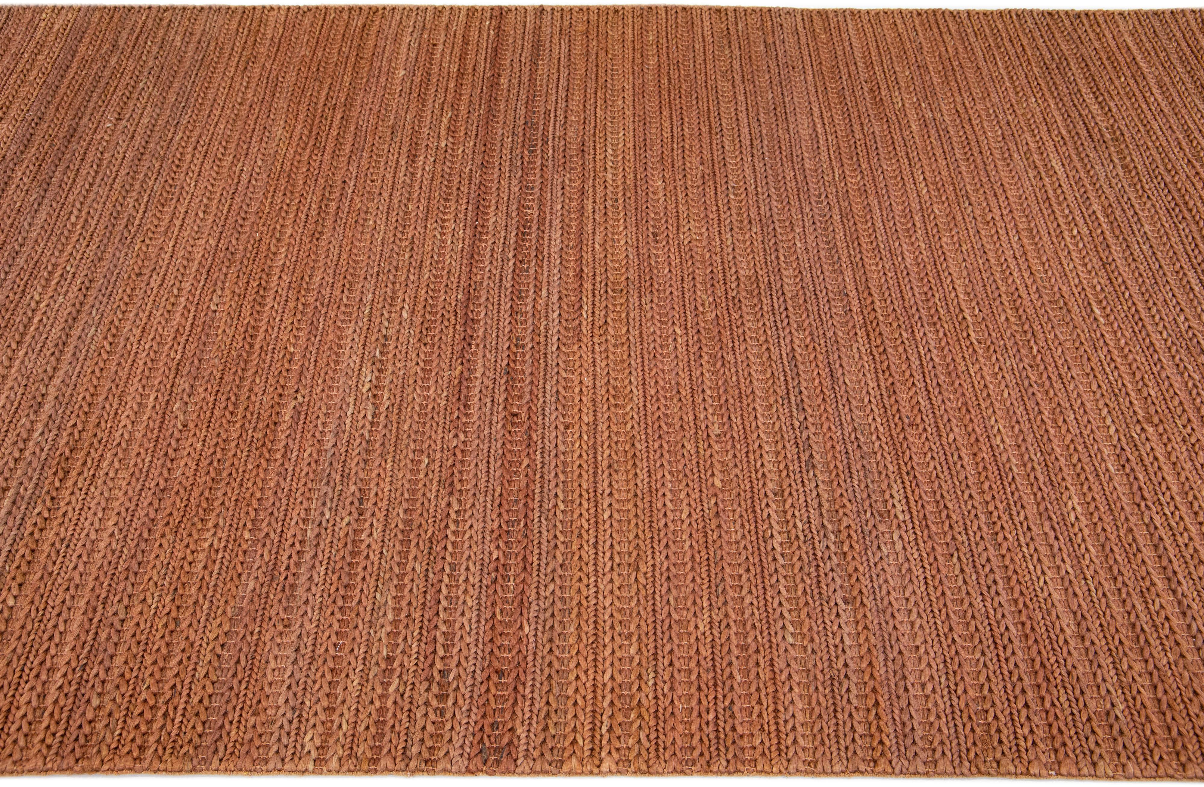 Indian Modern Natural Texture Hand Woven Copper Jute & Cotton Area Rug For Sale