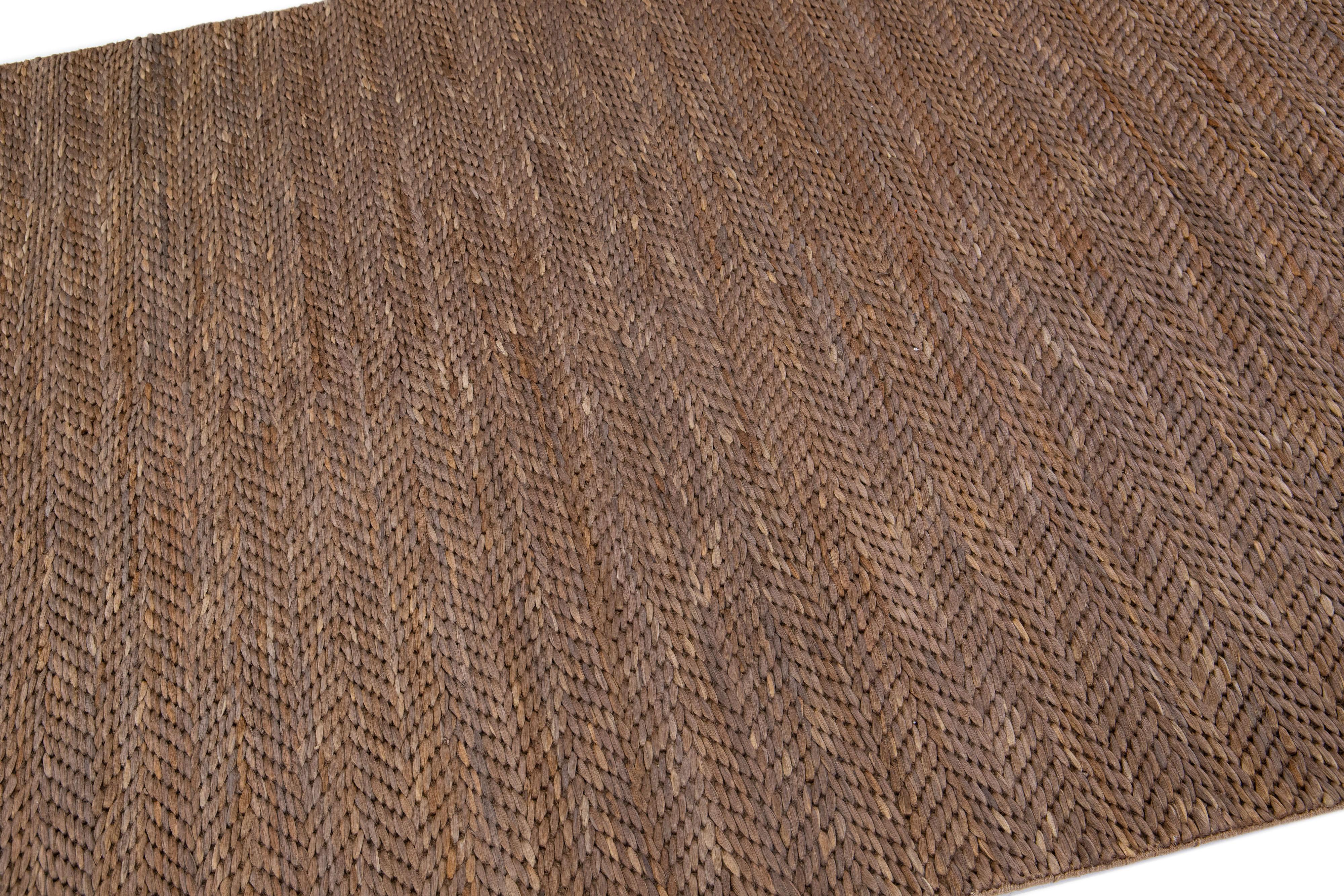 Organic Modern Modern Natural Texture Hand Woven Jute & Cotton Area Rug with Brown Color For Sale