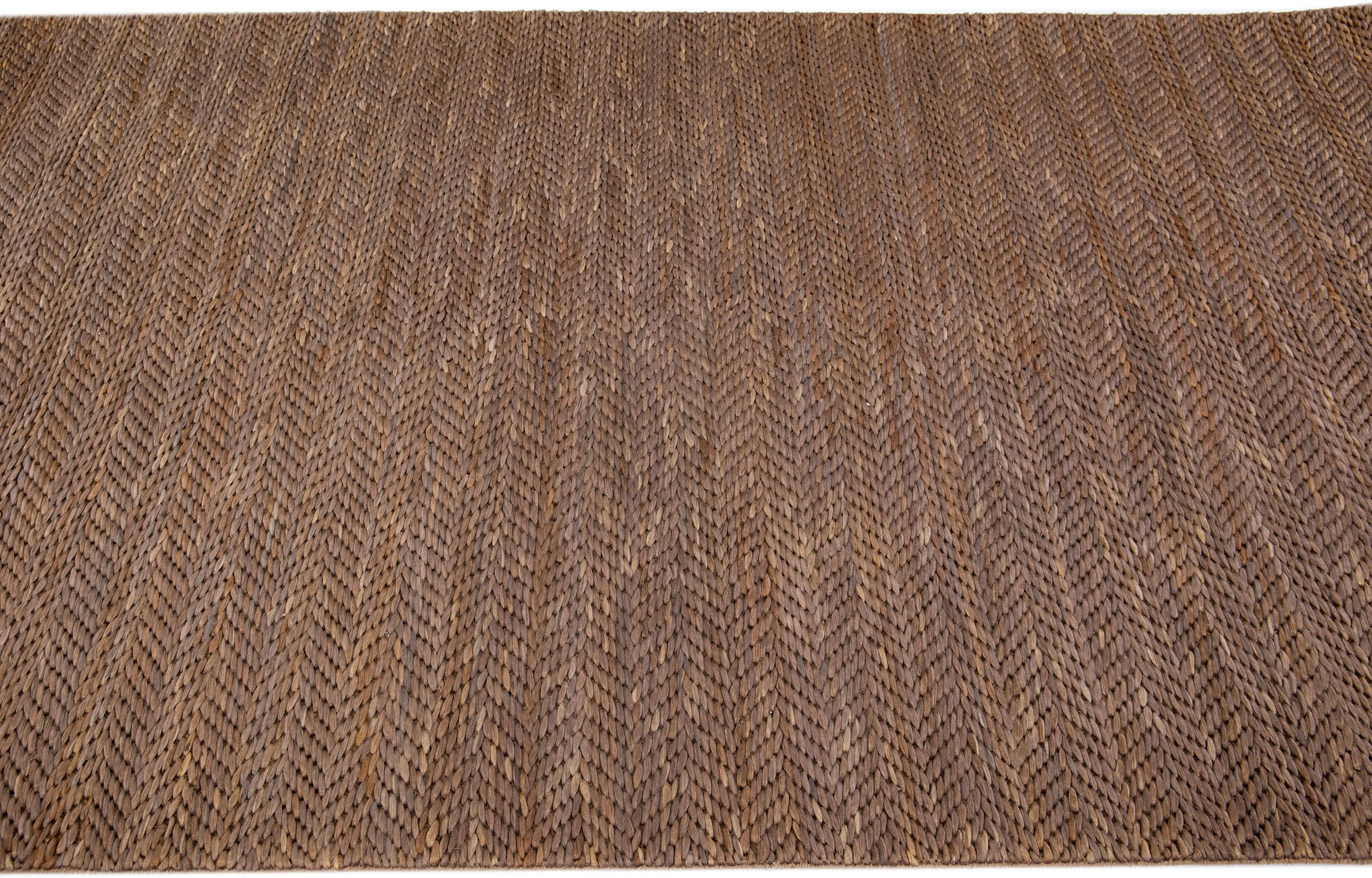 Indian Modern Natural Texture Hand Woven Jute & Cotton Area Rug with Brown Color For Sale
