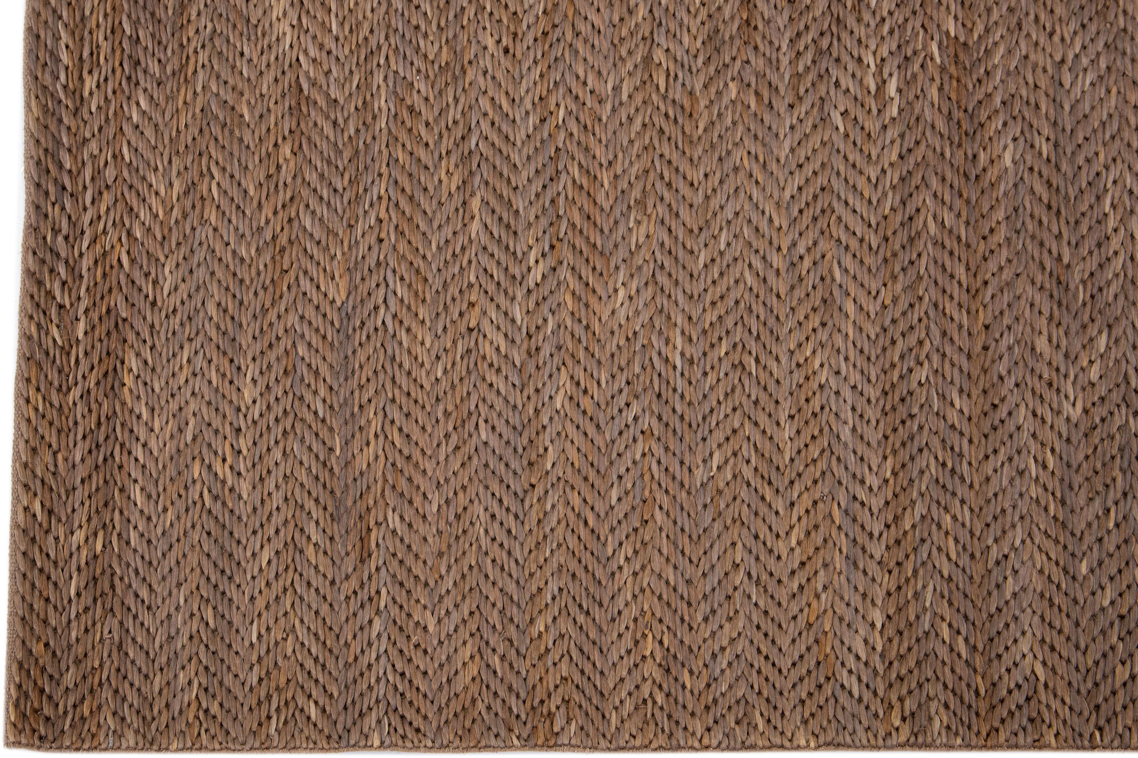 Hand-Woven Modern Natural Texture Hand Woven Jute & Cotton Area Rug with Brown Color For Sale