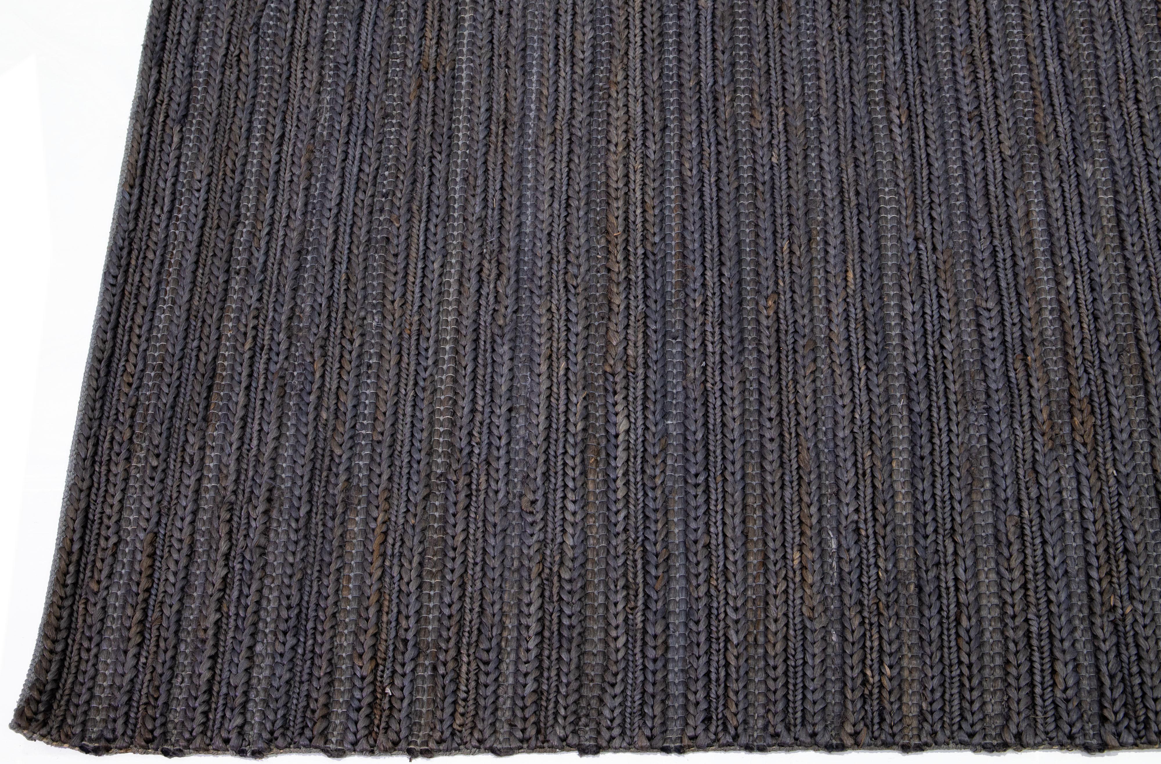Indian Modern Natural Texture Hand Woven Jute & Cotton Area Rug with Grey-Onyx Color For Sale