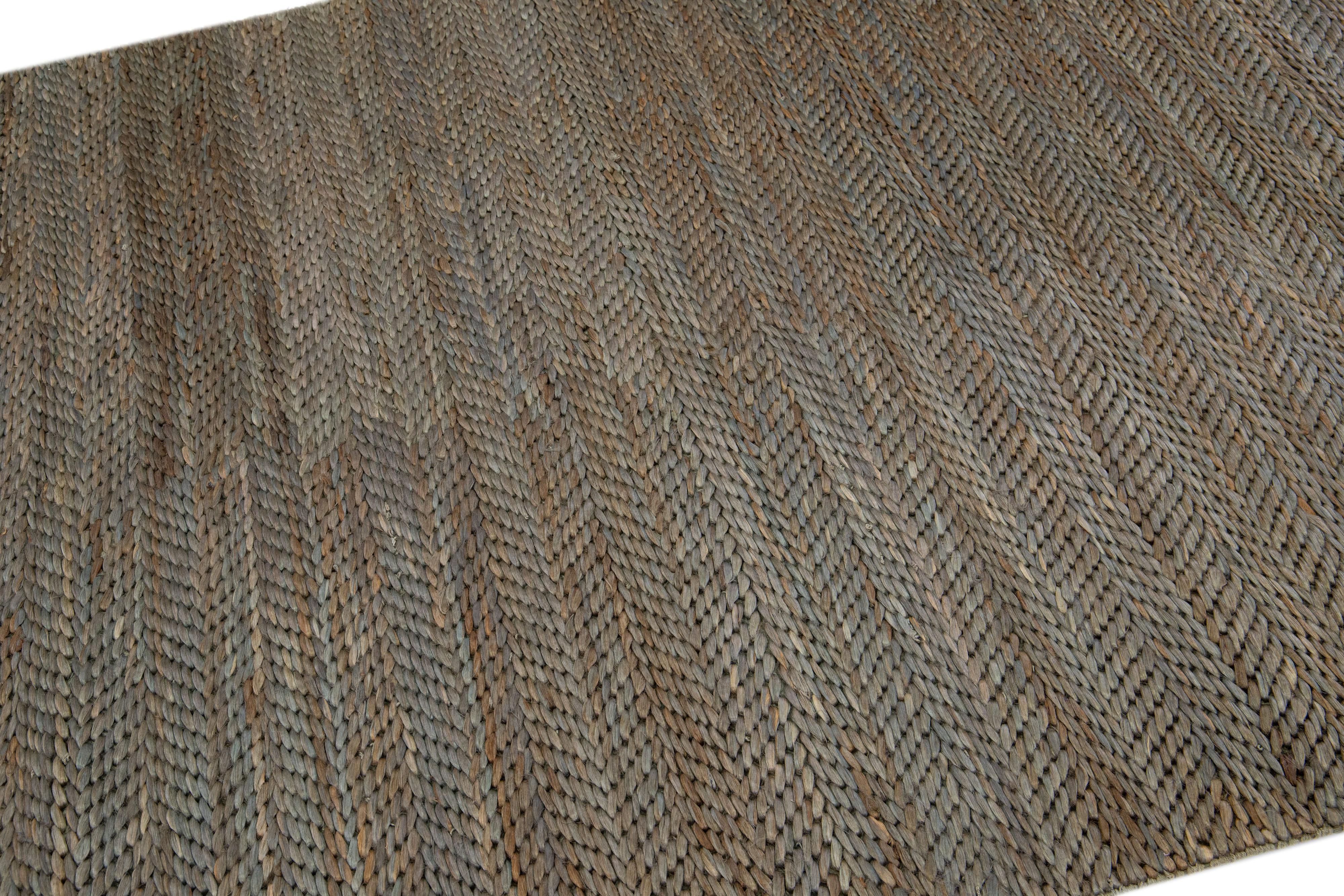 Organic Modern Modern Natural Texture Hand Woven Jute & Cotton Area Rug with Teal Color For Sale