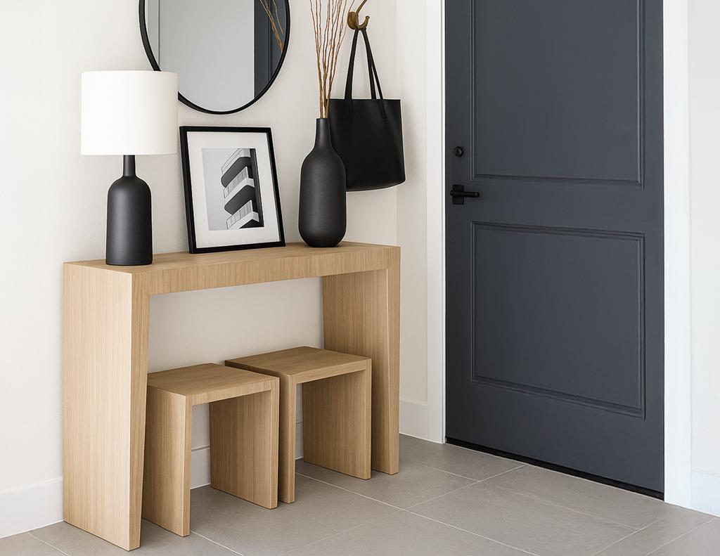 This modern natural walnut console set with matching stools features sleek, minimalistic styling that bridges contemporary and modern design. Crafted from walnut in a light natural tone with a smooth satin finish, the clean lines and tapered form