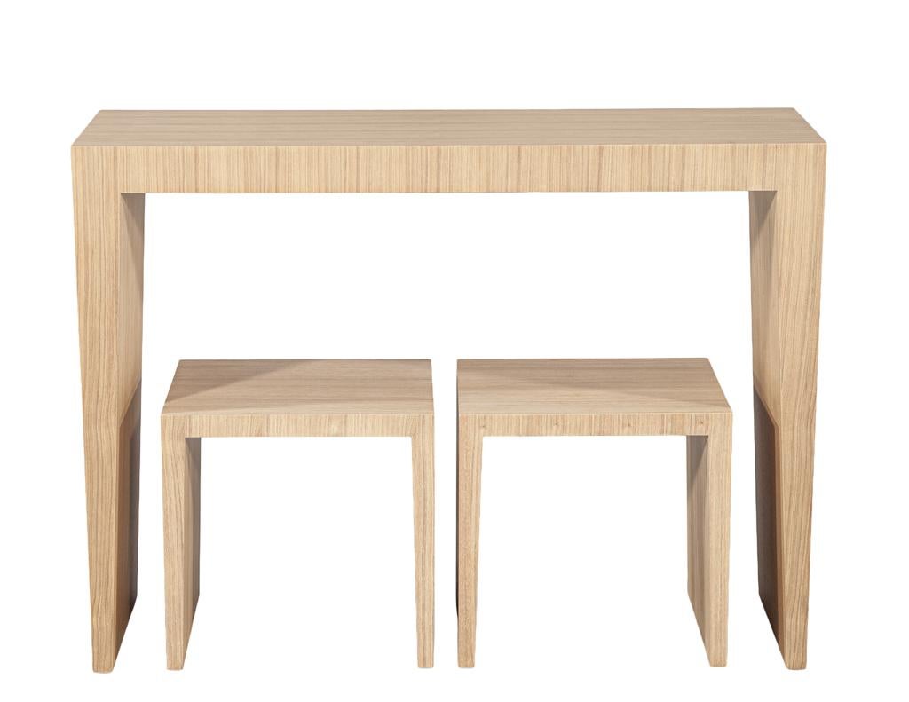 Canadian Modern Natural Walnut Console Set with Stools For Sale
