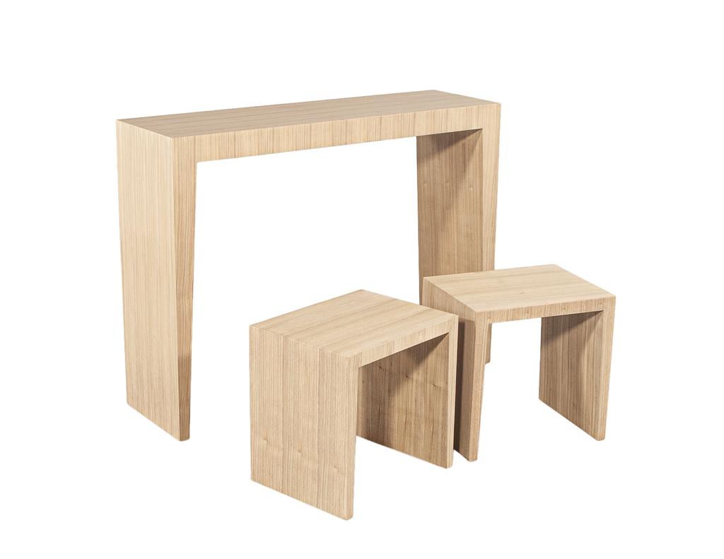 Contemporary Modern Natural Walnut Console Set with Stools For Sale