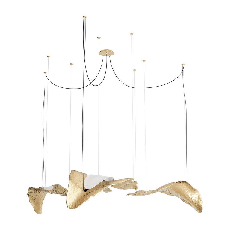 21th Century Modern Nature Inspired Suspension Lamp, Gold Leafs Chandelier For Sale