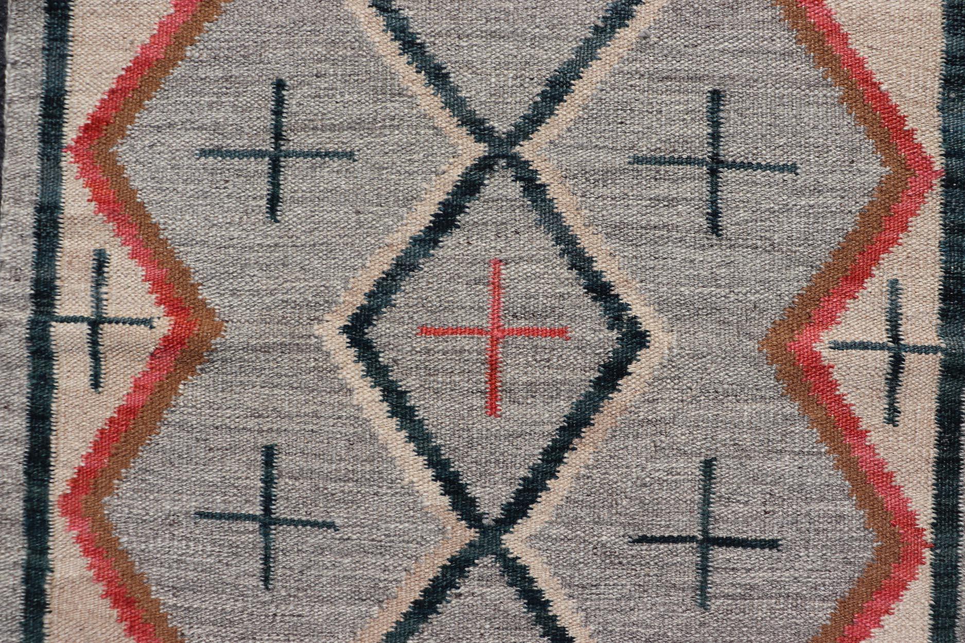 Hand-Woven Modern Navajo Rug with Entwined Tribal Design in Gray, Red, Charcoal, And Ivory For Sale