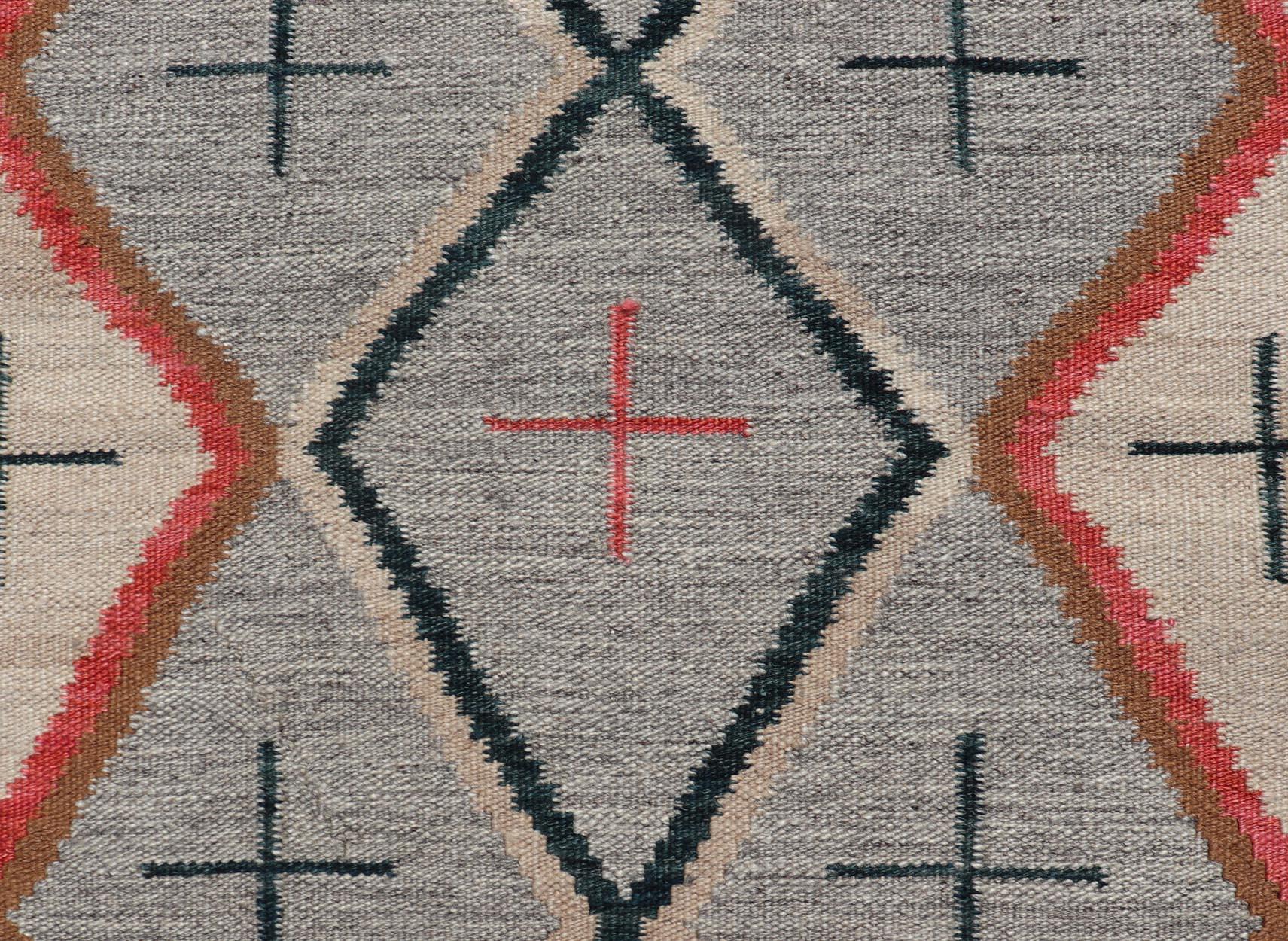 Modern Navajo Rug with Entwined Tribal Design in Gray, Red, Charcoal, And Ivory In New Condition For Sale In Atlanta, GA