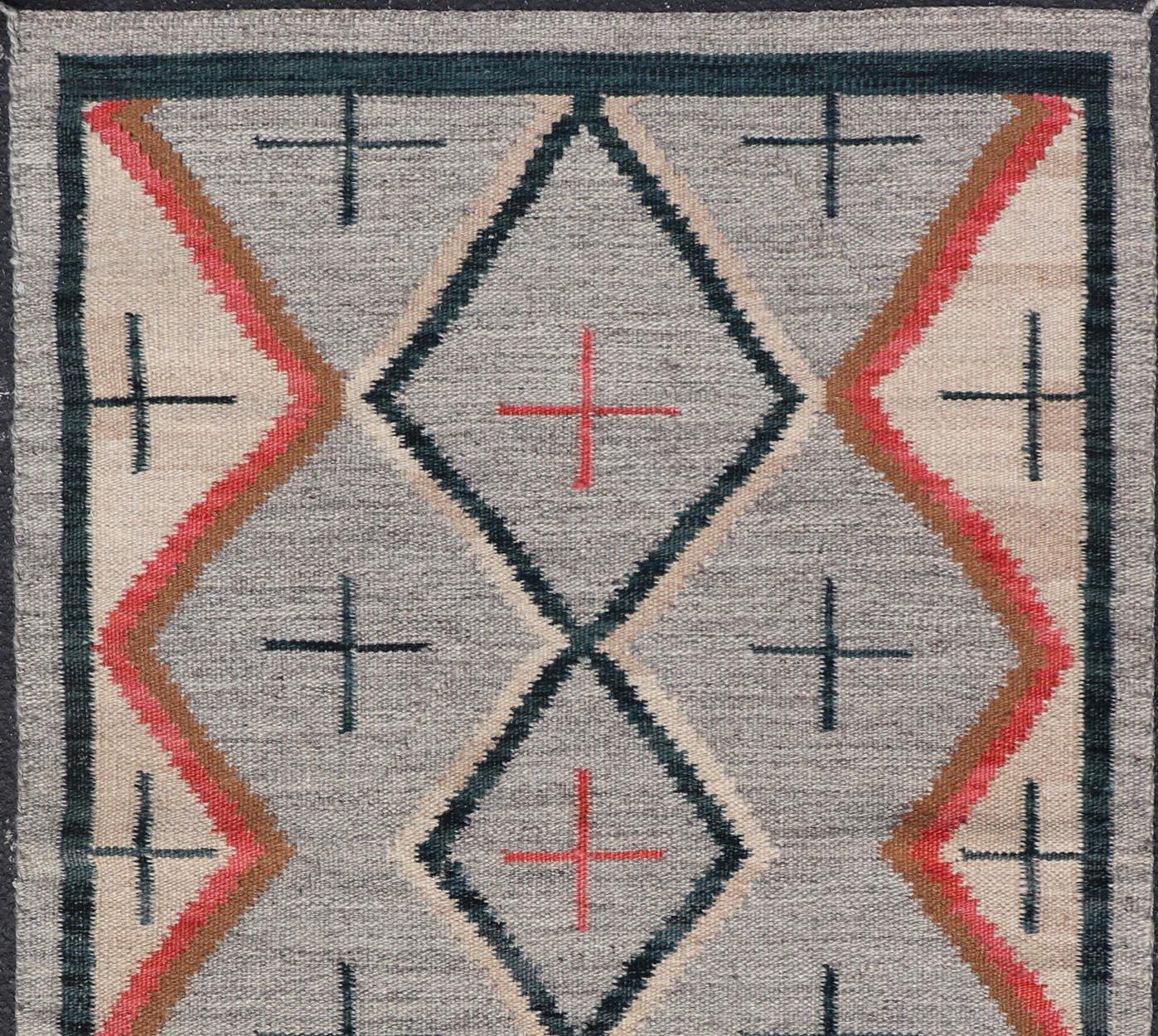 Wool Modern Navajo Rug with Entwined Tribal Design in Gray, Red, Charcoal, And Ivory For Sale