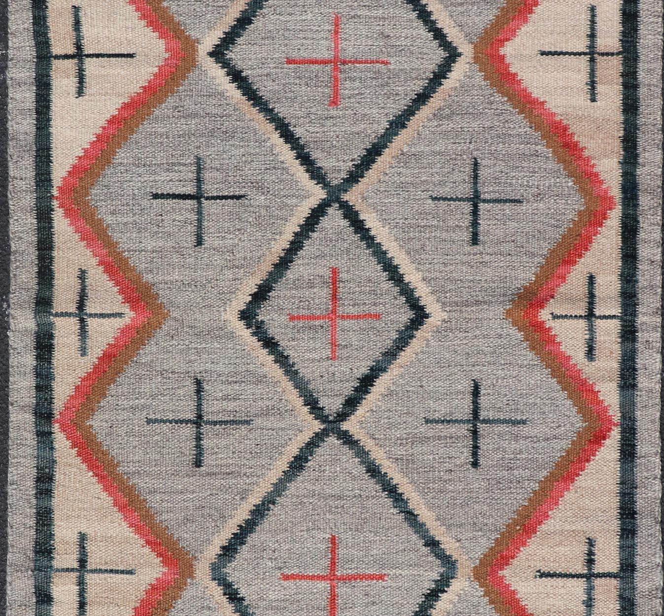 Modern Navajo Rug with Entwined Tribal Design in Gray, Red, Charcoal, And Ivory For Sale 1