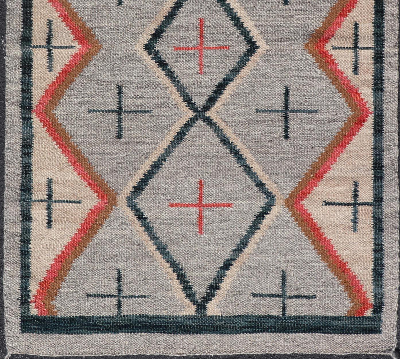 Modern Navajo Rug with Entwined Tribal Design in Gray, Red, Charcoal, And Ivory For Sale 2