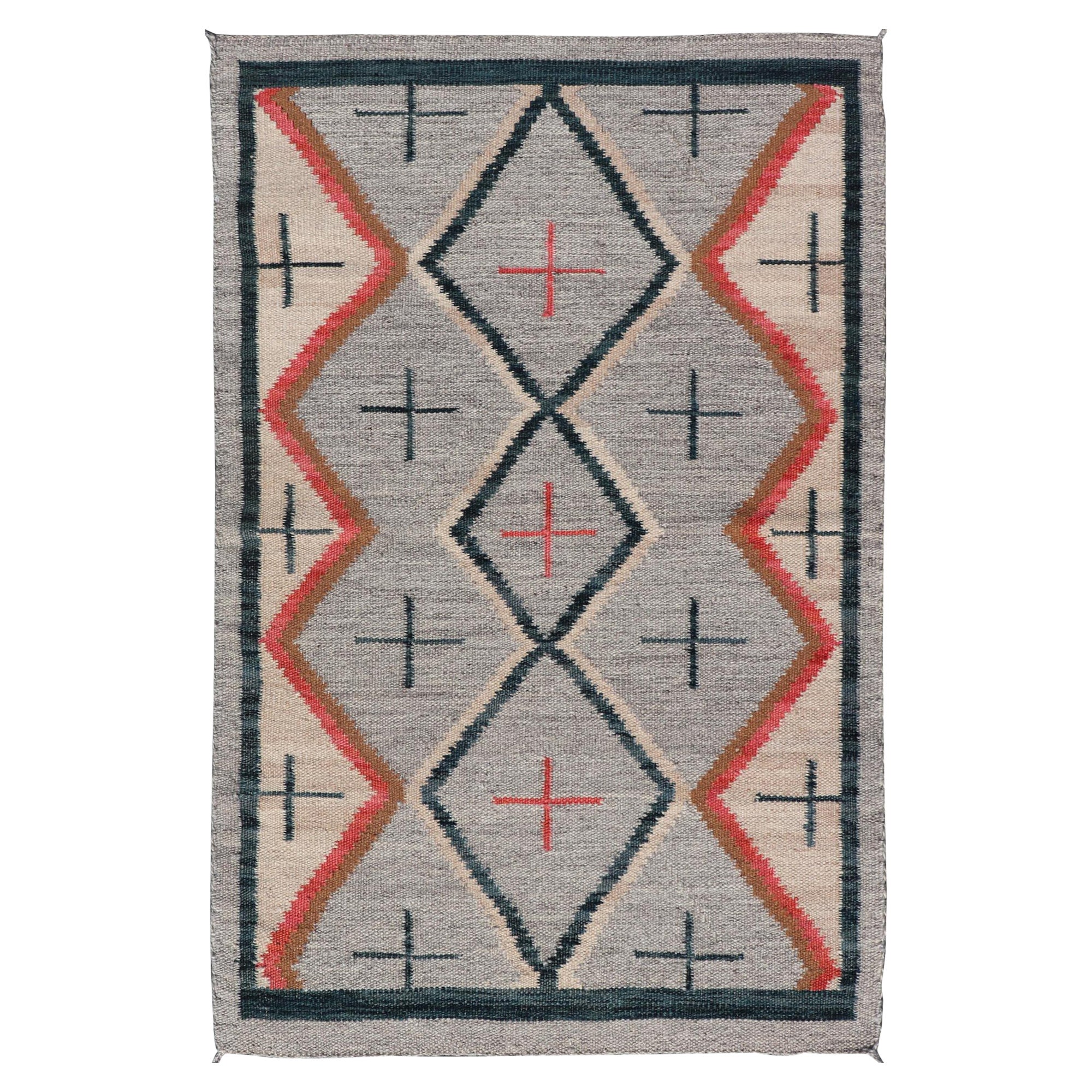 Tappeto Navajo moderno con design tribale intrecciato in grigio, rosso, carbone e avorio