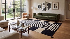 Modern Navajo Style Hand-Woven Wool Flat-Weave Area Rug in Black & Ivory
