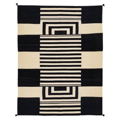 Modern Navajo Style Hand-Woven Wool Flat-Weave Area Rug in Black & Ivory