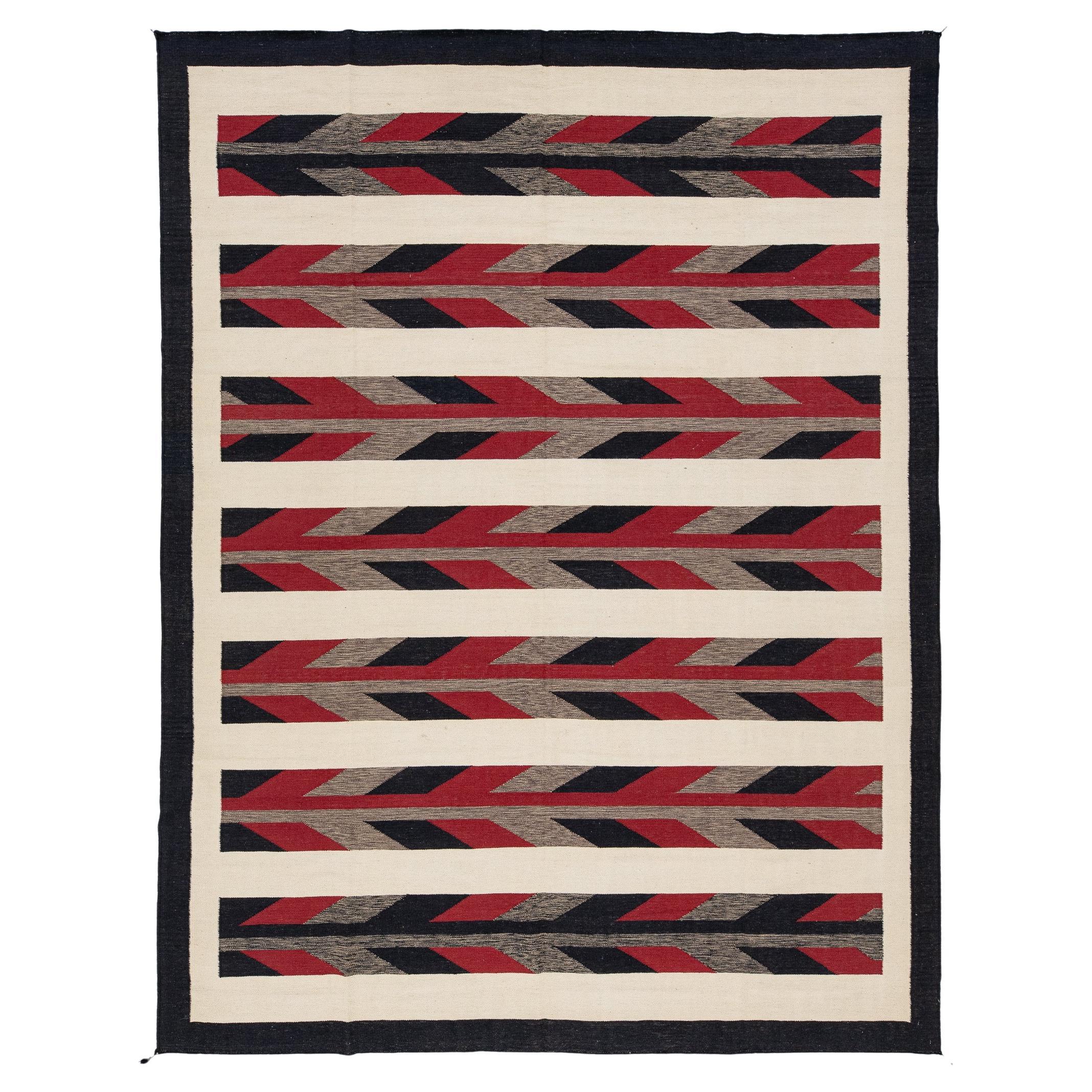 Modern Navajo-Style Handmade Wool Rug – Geometric Flatweave In Red and Beige