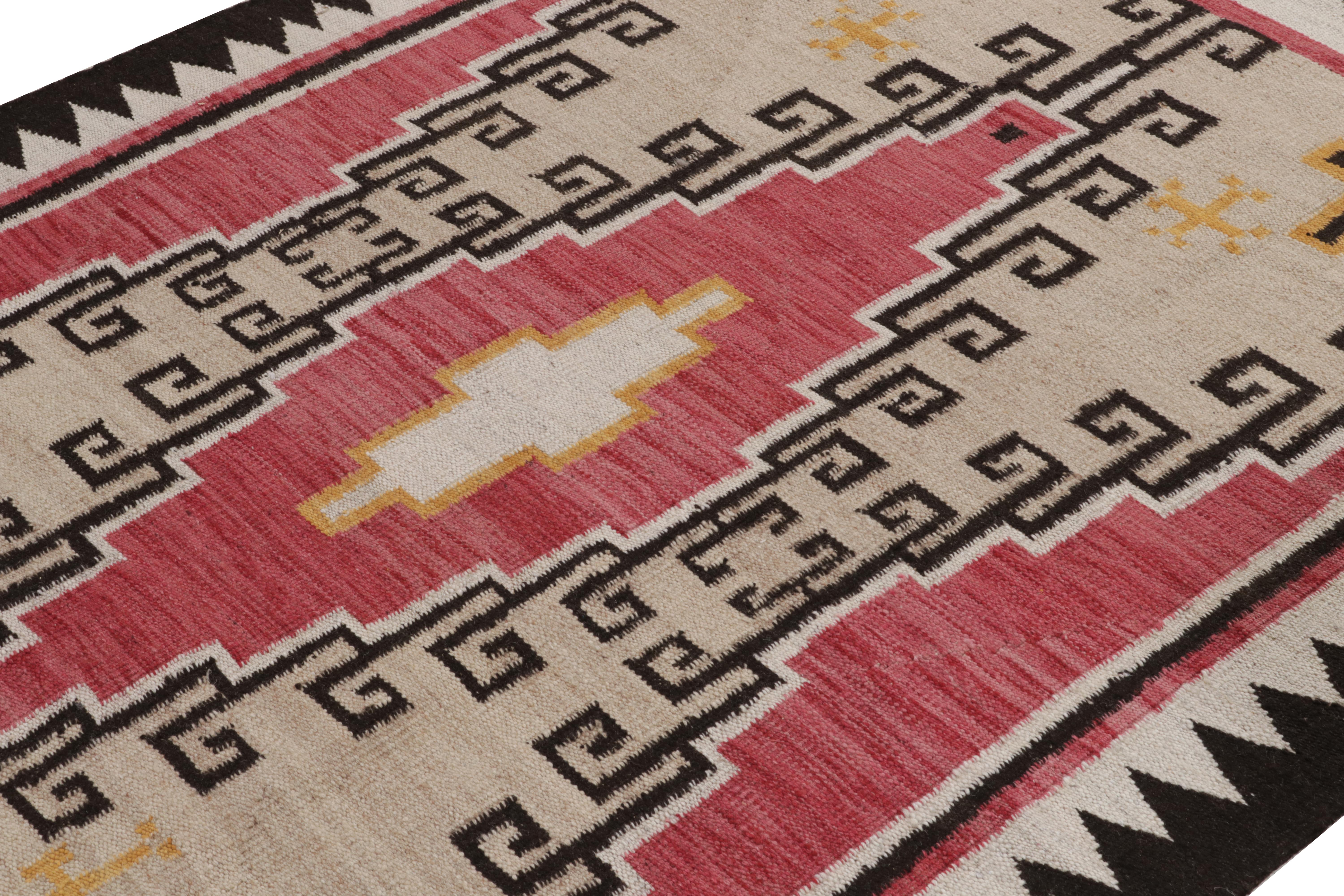 Hand-Knotted Modern Navajo Tribal Kilim Rug in Red, Beige-Brown, Off-White Geometric Pattern For Sale