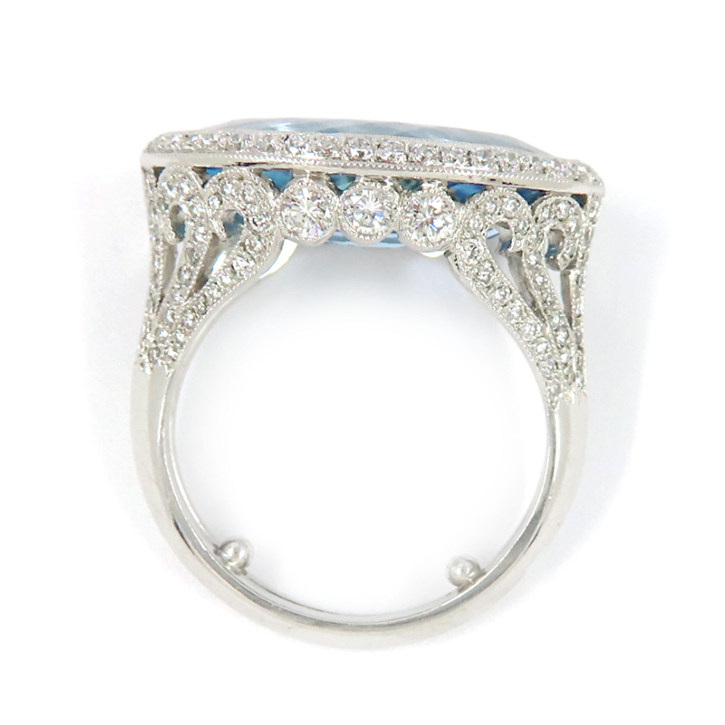 Women's Modern Navette Aquamarine, Diamond and Platinum Ring, 4.69 Carats For Sale