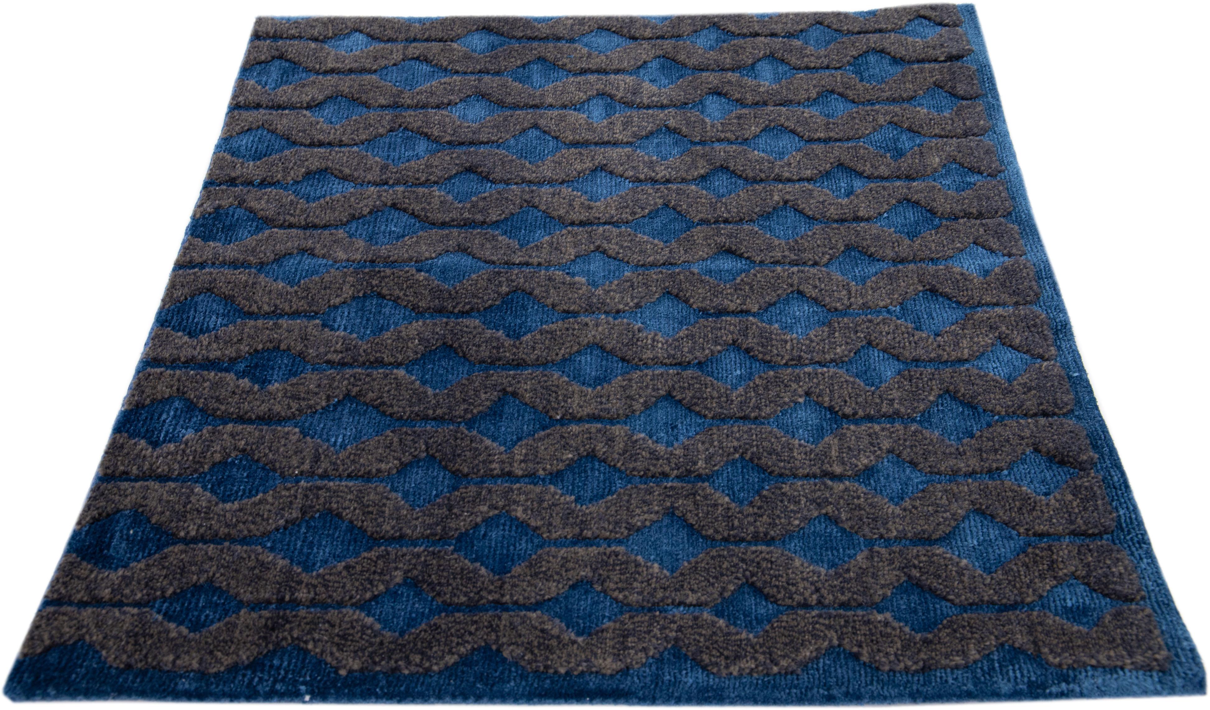 Nepalese Modern Navy Blue Handmade Geometric Custom Wool Rug For Sale