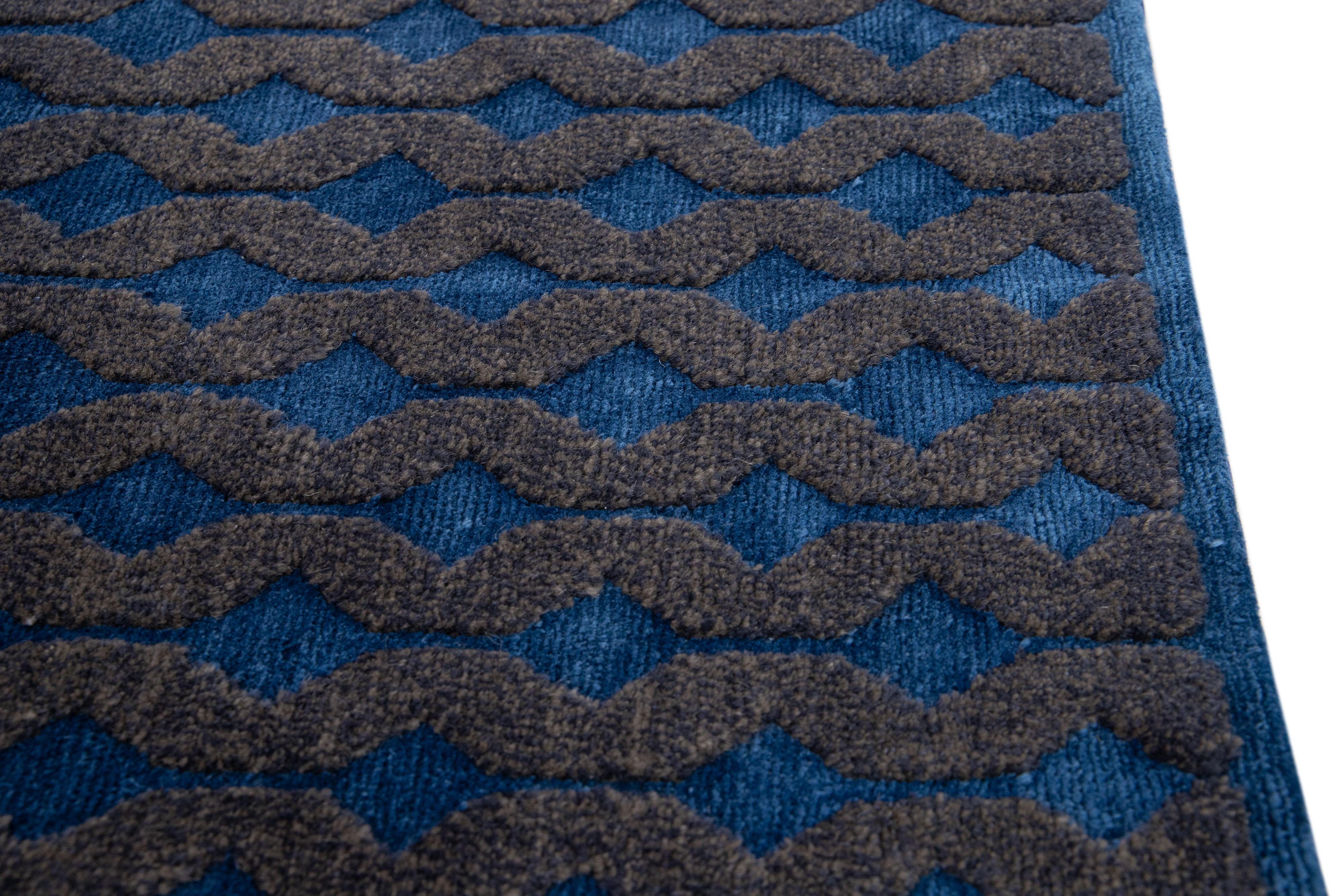 Hand-Knotted Modern Navy Blue Handmade Geometric Custom Wool Rug For Sale