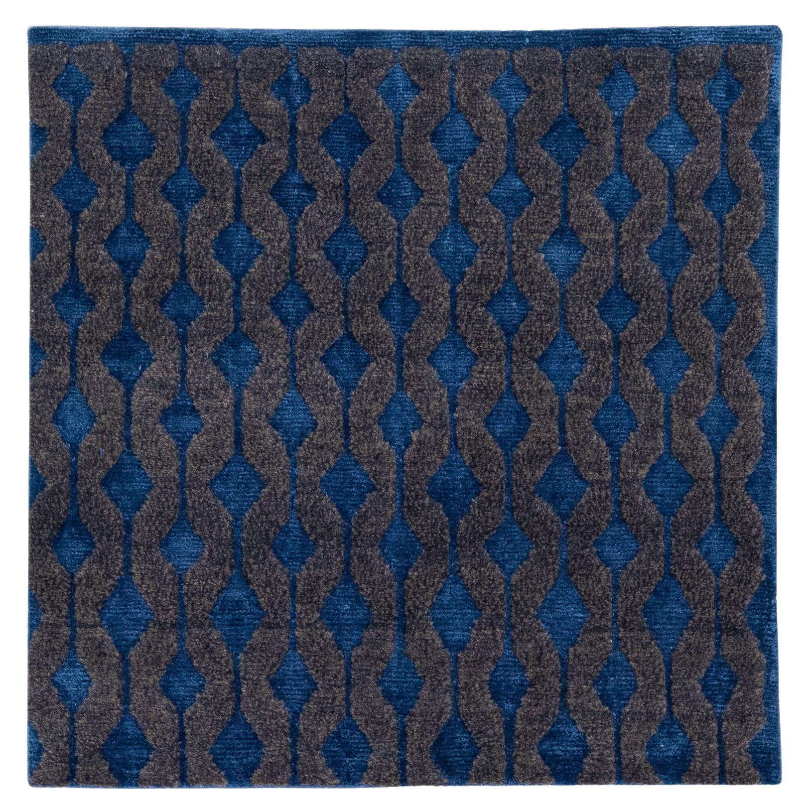 Modern Navy Blue Handmade Geometric Custom Wool Rug For Sale