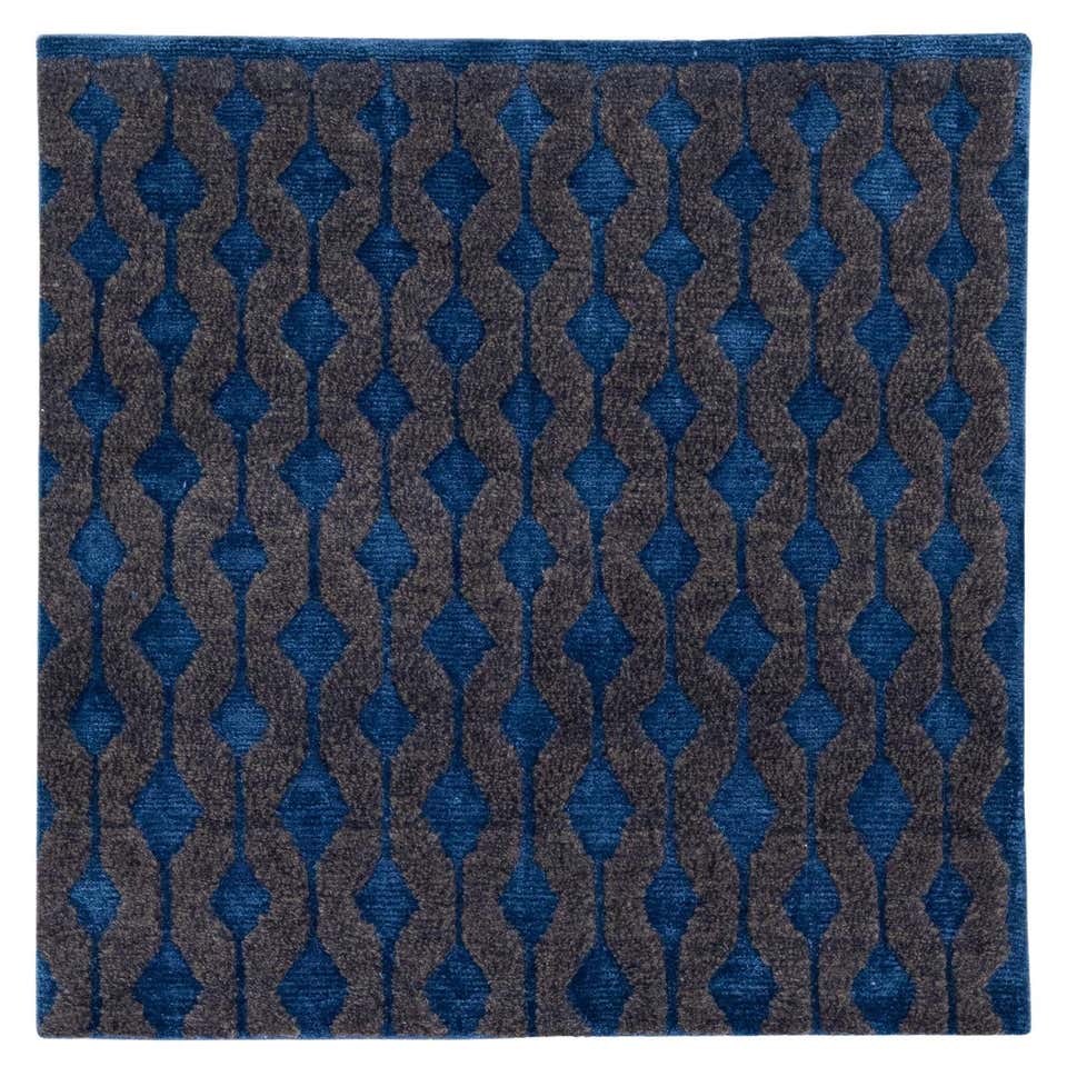 Modern Blue Handmade Geometric Custom Wool Rug For Sale at 1stDibs