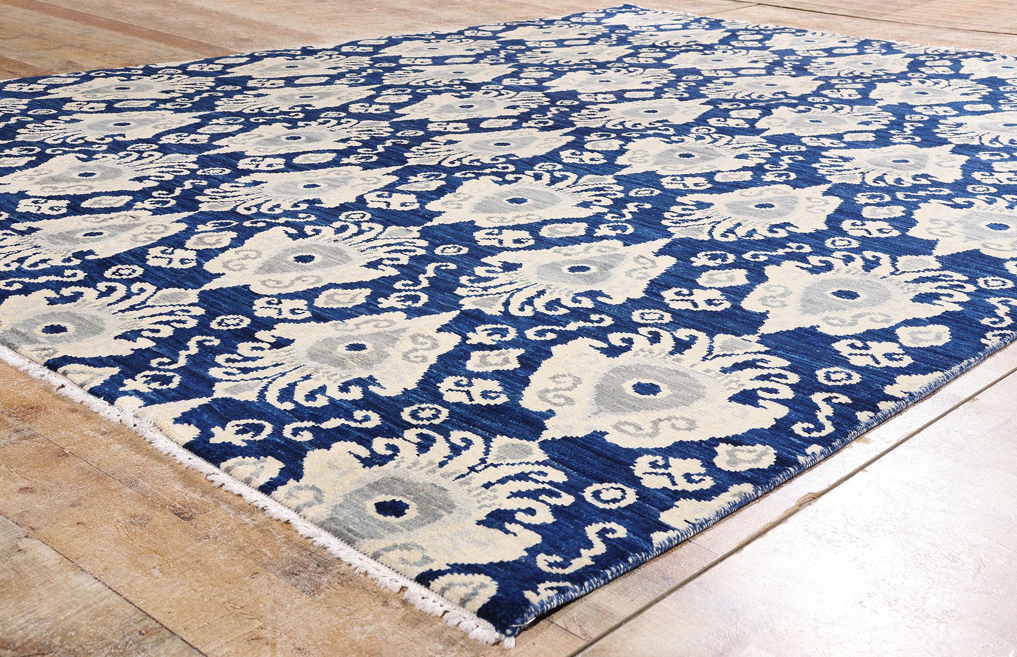 Alfombra moderna Ikat azul marino, la elegancia contemporánea se une al chic global Anudado a mano en venta