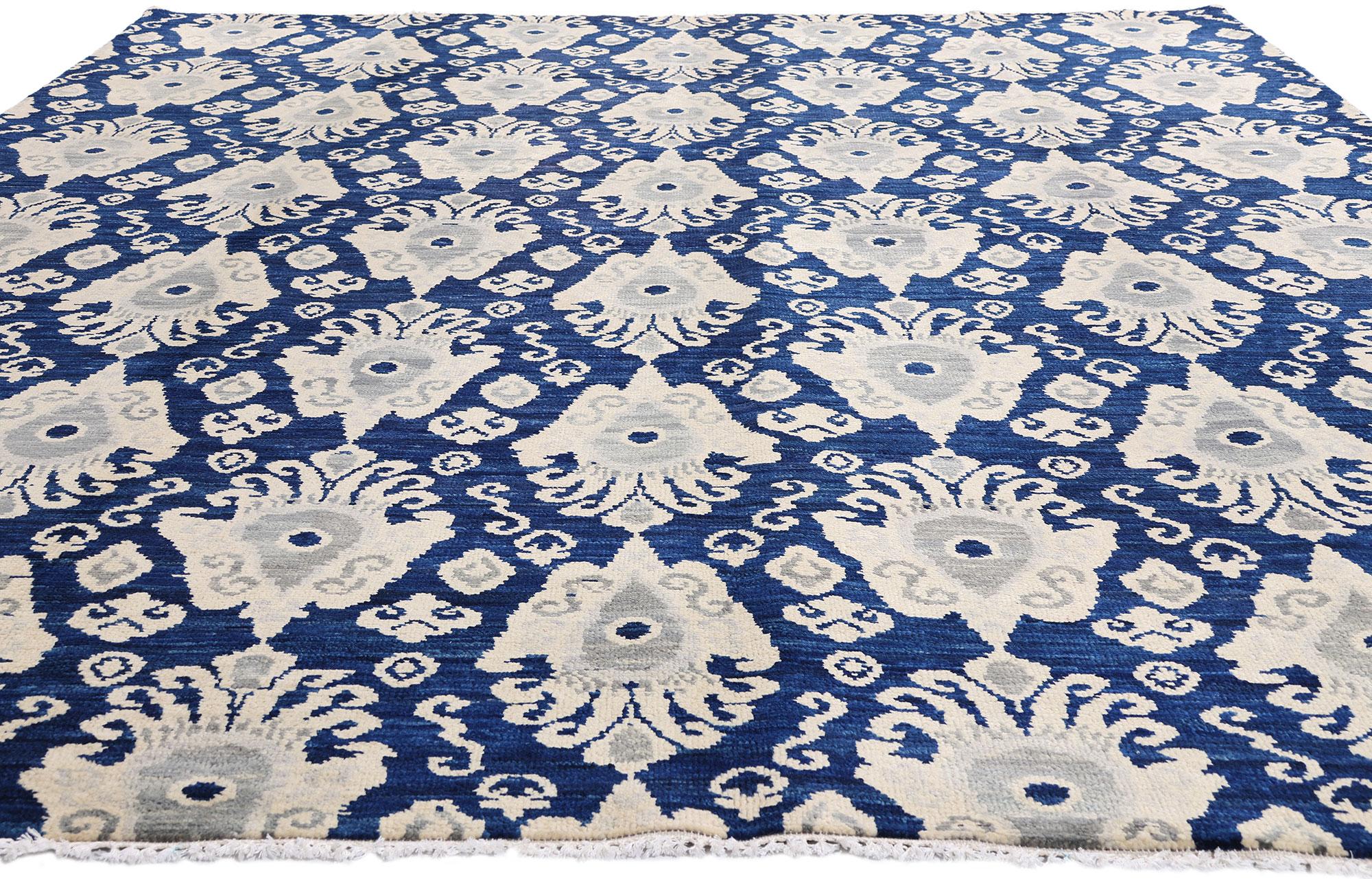 Alfombra moderna Ikat azul marino, la elegancia contemporánea se une al chic global en Nuevo estado para la venta en Dallas, TX