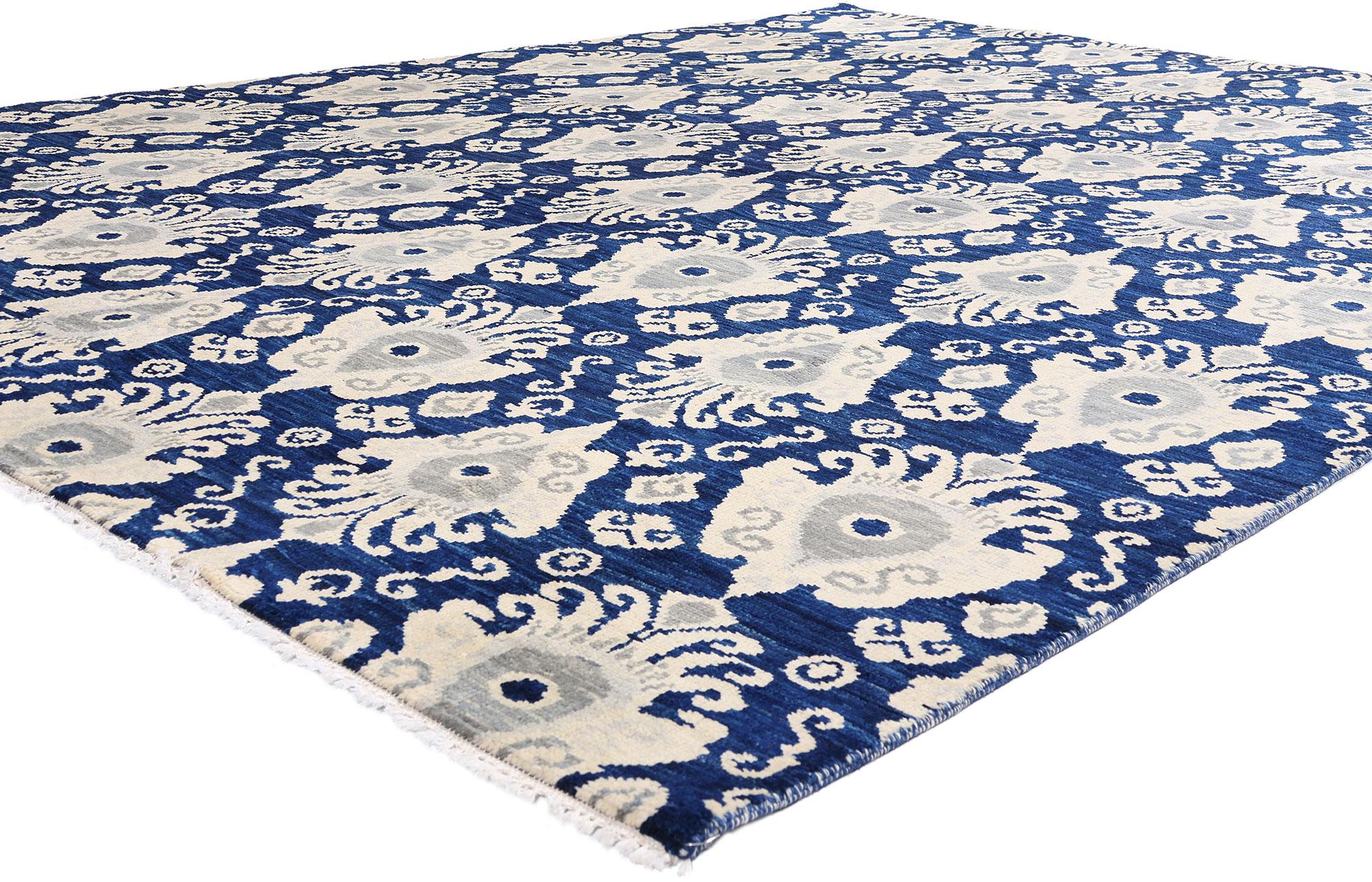 Alfombra moderna Ikat azul marino, la elegancia contemporánea se une al chic global Indio en venta