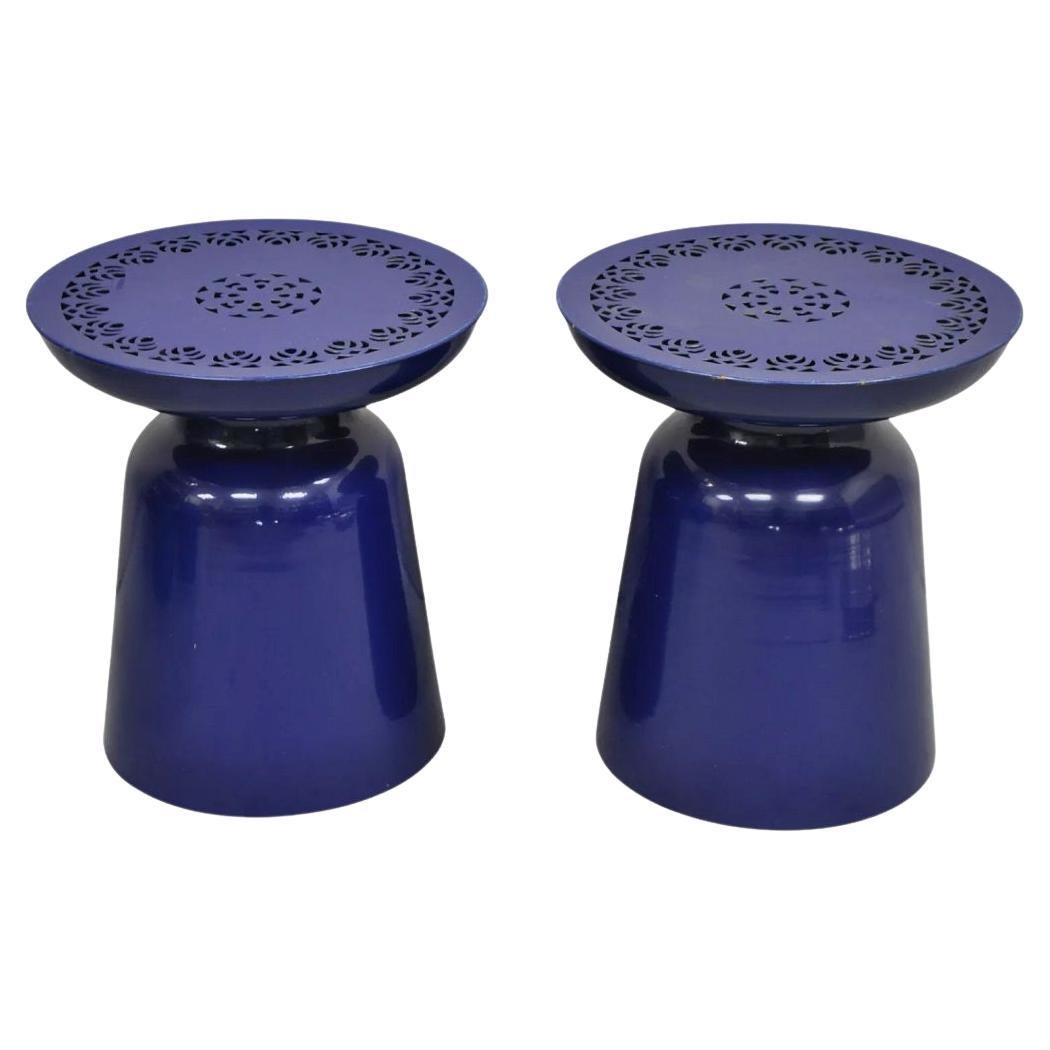 Modern Navy Blue Perforated Metal Garden Stool Side Table a Pair For Sale at 1stDibs
