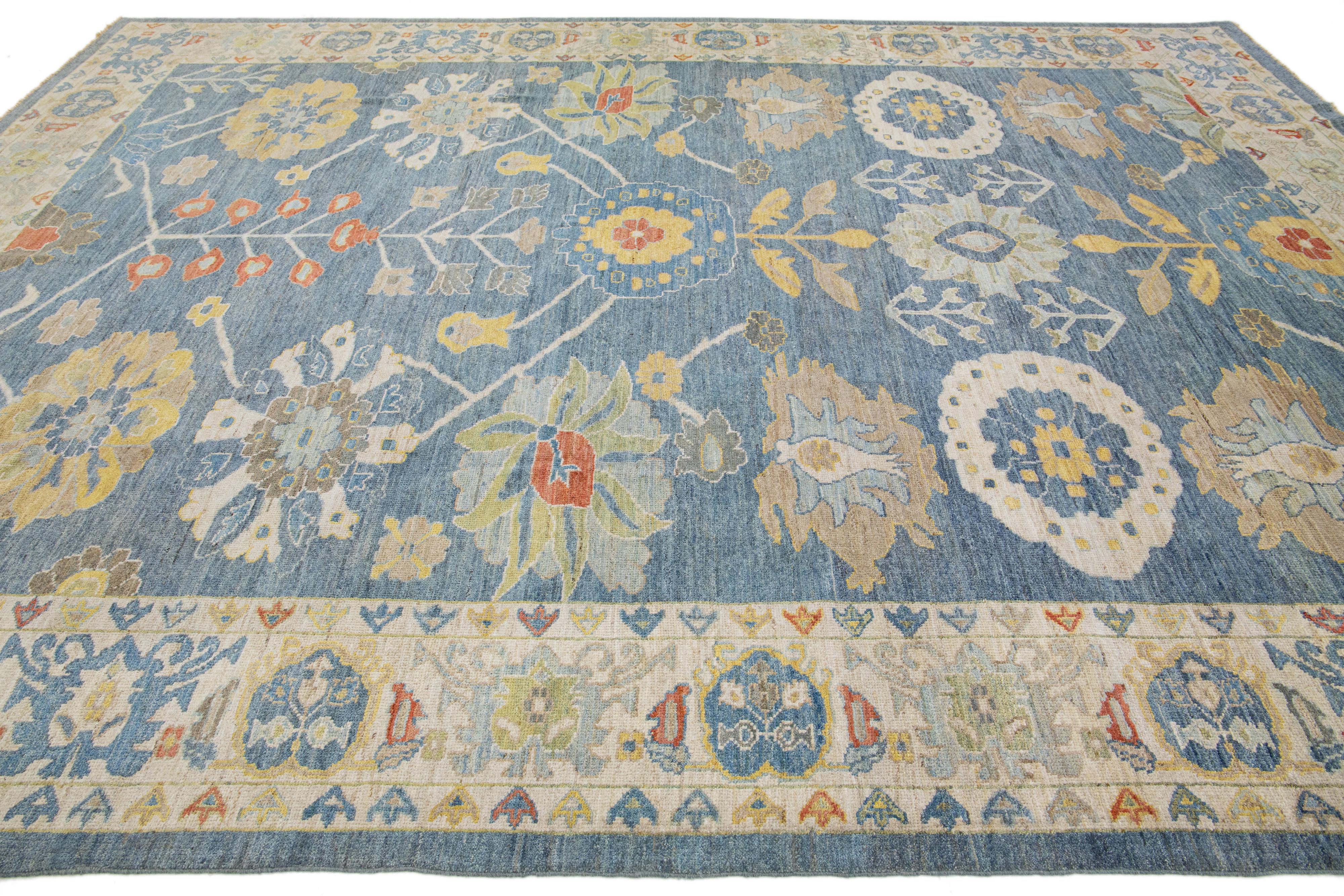 Hand-Knotted Modern Navy Blue Sultanabad Wool Rug Handmade with Floral Design For Sale