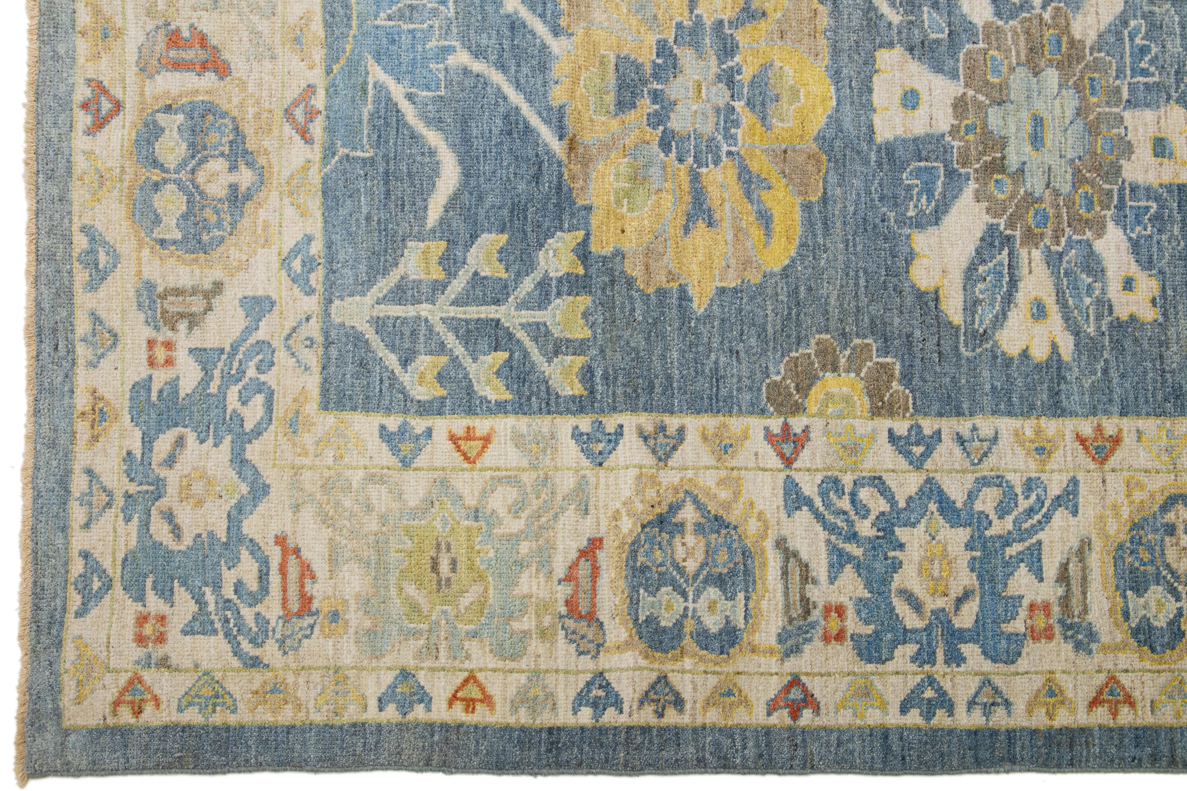 Modern Navy Blue Sultanabad Wool Rug Handmade with Floral Design In New Condition For Sale In Norwalk, CT