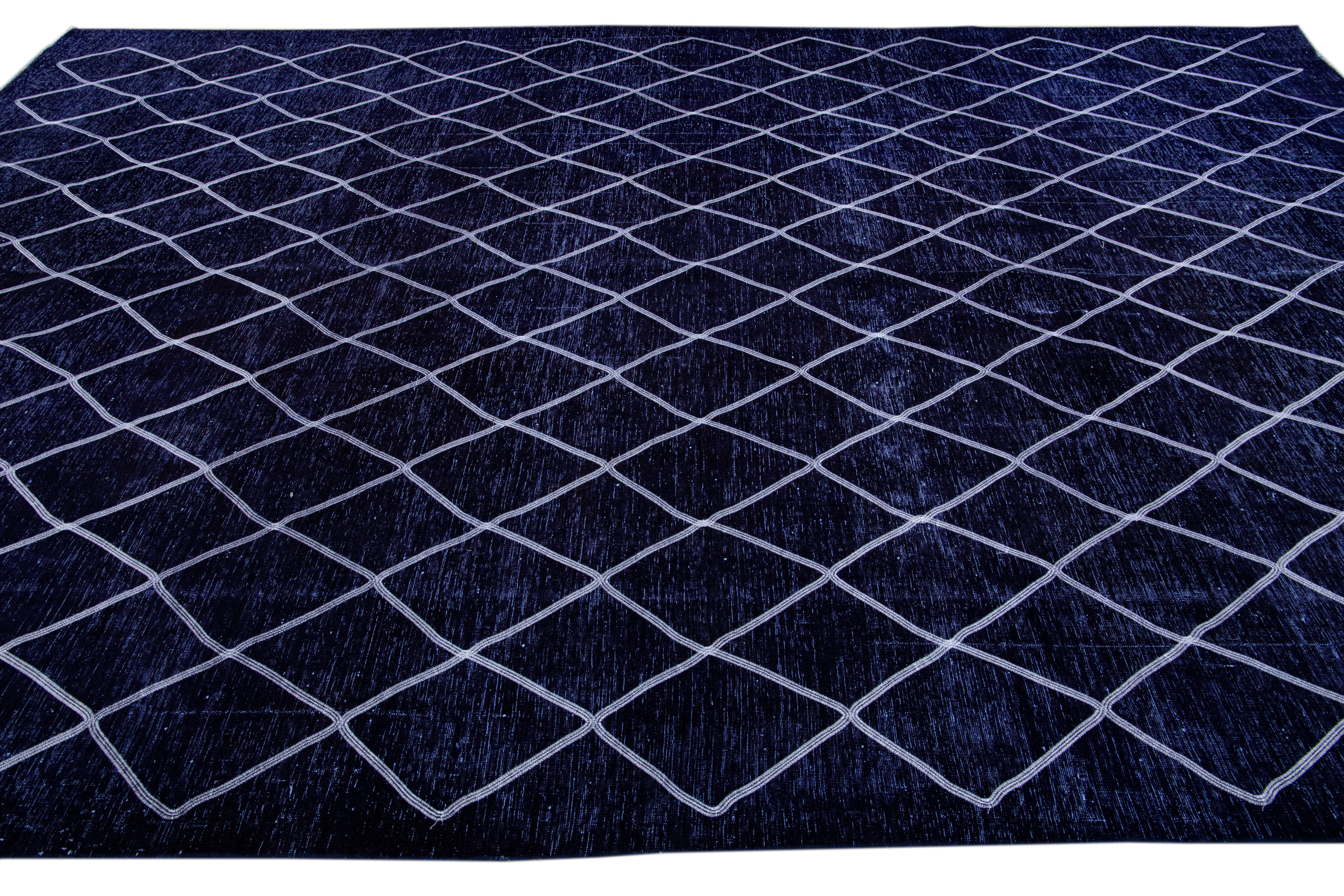 Modern Navy Blue Turkish Handmade Diamond Trellis Designed Wool Rug In New Condition For Sale In Norwalk, CT