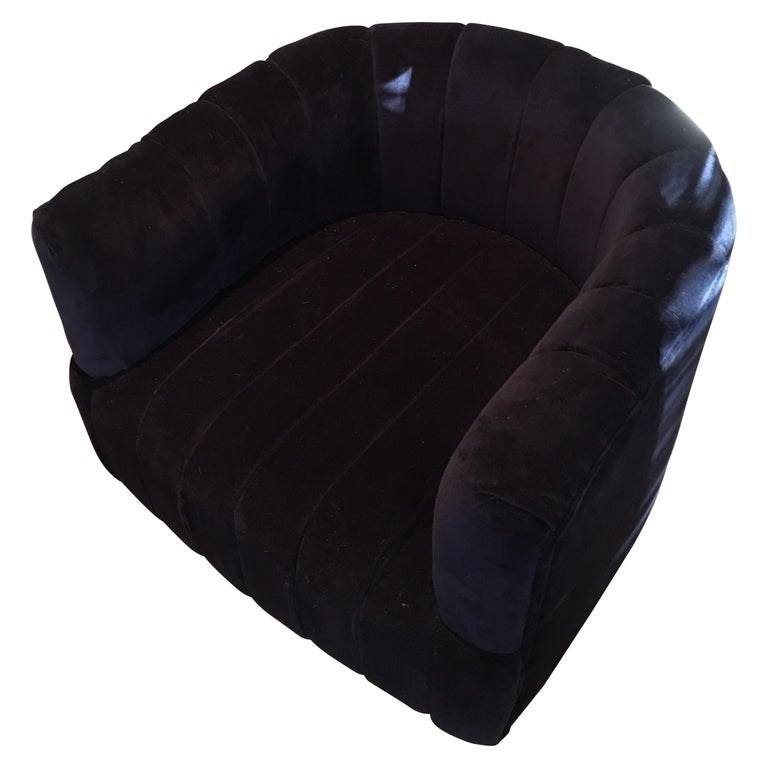 Modern Navy Blue Velvet Bucket Chair with Brass Trim For Sale at 1stdibs